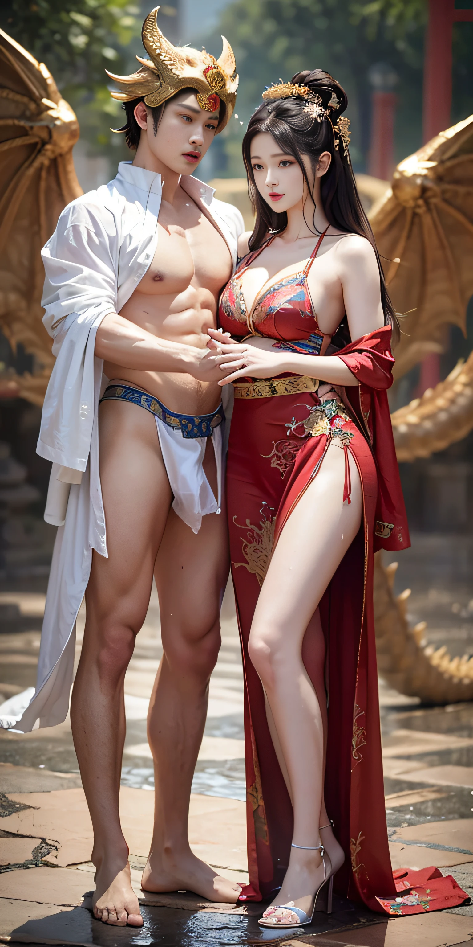 (couple cuddling) rough man Zeus muscular naked, beauty, sexy, big breasts, cleavage, bare legs, see-through, standing, hanfu, wet, clear, realistic, highest detail, Chinese mythology, dragon pattern, phoenix, sacred, holy, mountains