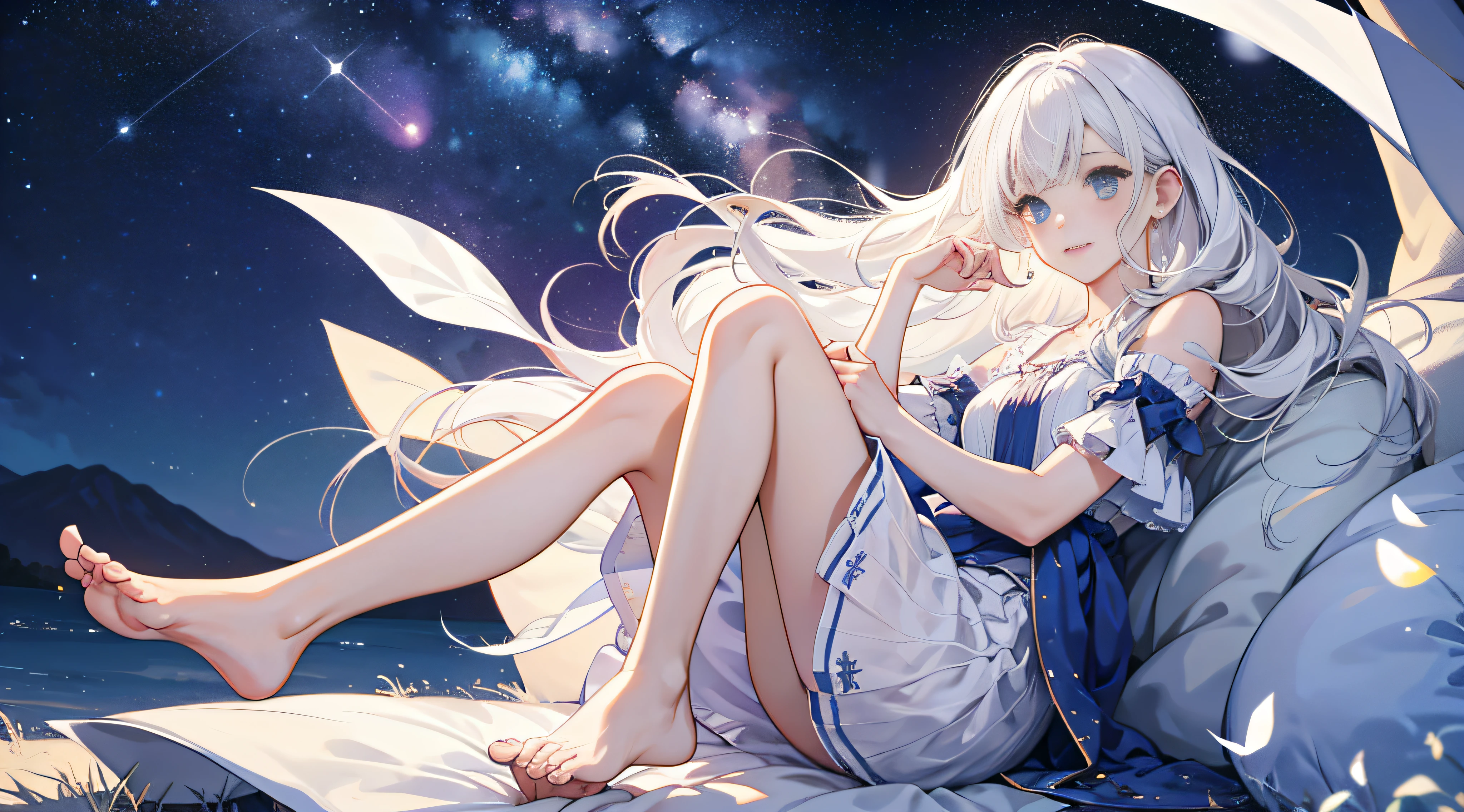 White hair, Girly,, Cute, barefoot, night sky, starlight