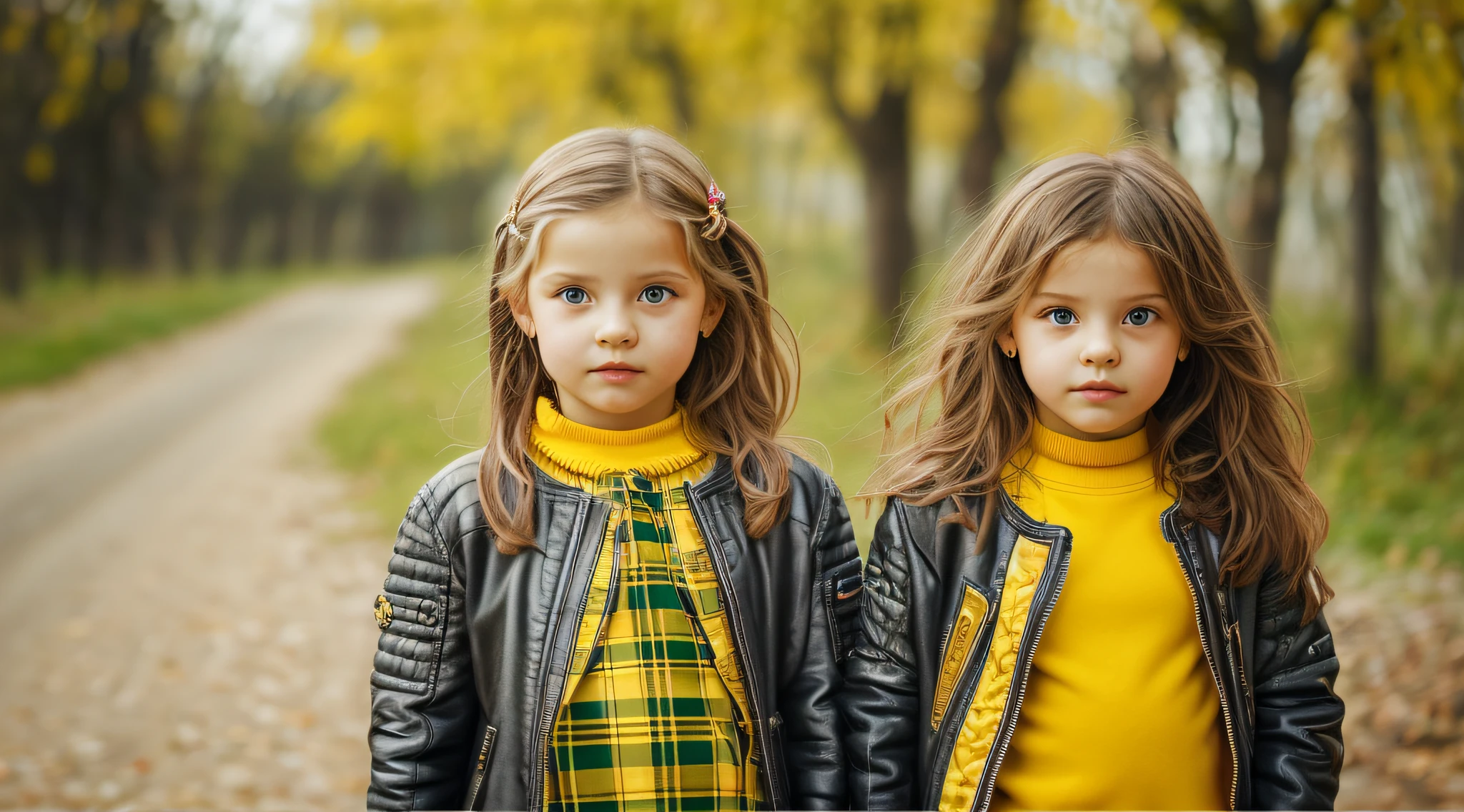 GIRLS Russian children with 10 years, loiro cabelos compridos, PORTRAIT, OCULOS ESCUROS, JAQUETA DE COURO PRETA E ROUPA PRETA, FUNDO AMARELO.