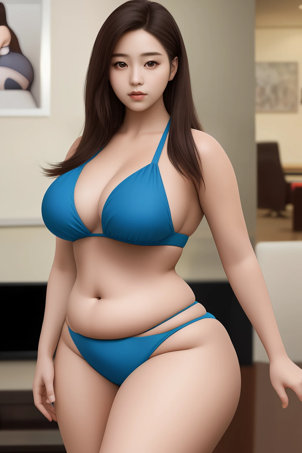 masterpiece, best quality, ultra high res, (photorealistic:1.4), detailed beautiful face, detailed clothes, beautiful k-pop female idol, in a blue bikini taking in a living room, skinny waist and thick hips, thick body, widest hips, she has a jiggly fat round belly, beautiful thick female, wide hips, korean girl, thick legs, large hips, good hips and long legs, thicc, round thighs, thick thighs, large thighs, shot on sony a1, 85mm F/1. 4 ISO 100, medium format, 45 megapixel, studio lighting, softbox, high shutter speed flash photography, award-winning photograph
