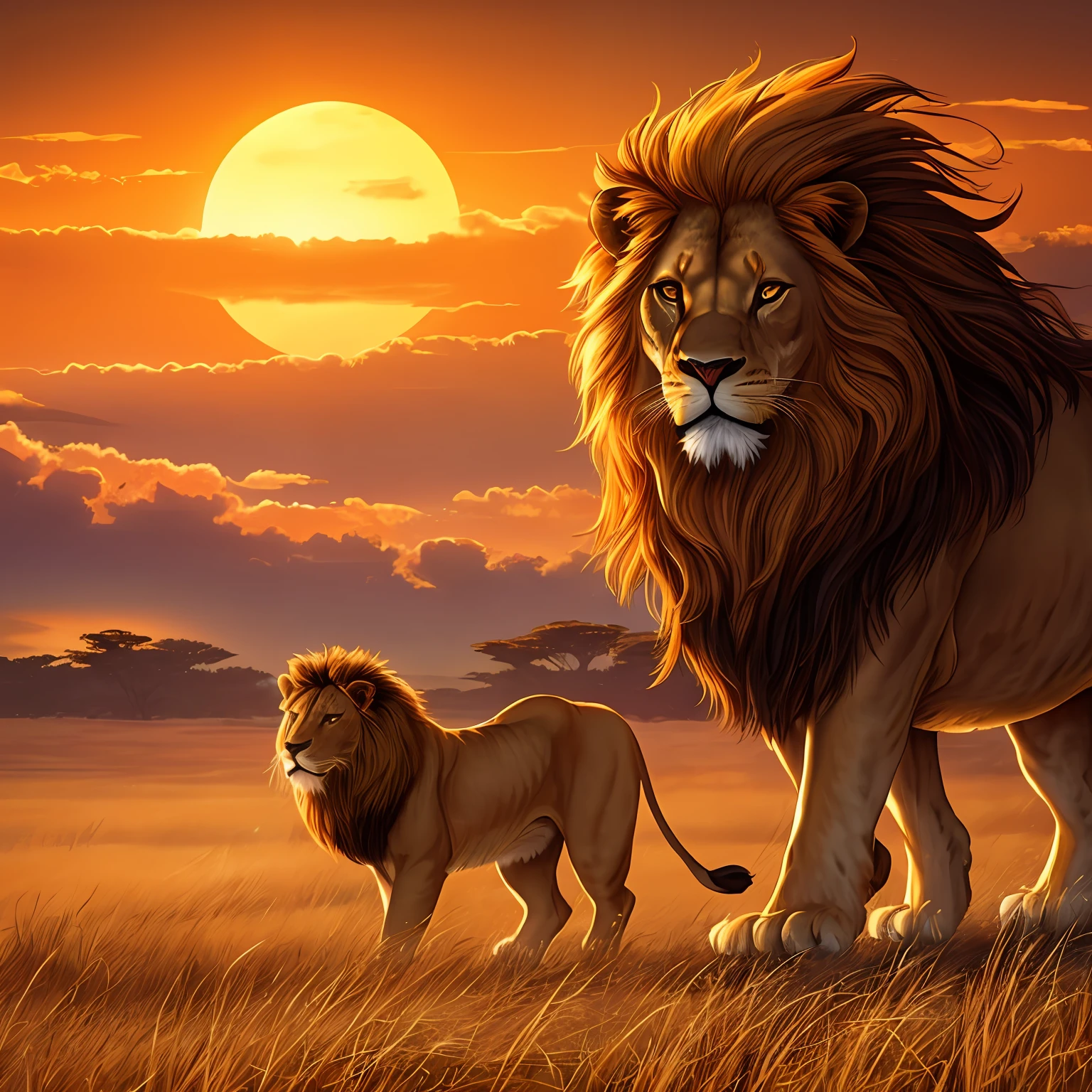 A majestic and regal lion, its golden mane flowing in the wind as it prowls through the tall grass of the savannah. In the distance, the setting sun paints the sky in shades of fiery orange and deep purple, casting a warm and welcoming glow across the African landscape. --auto