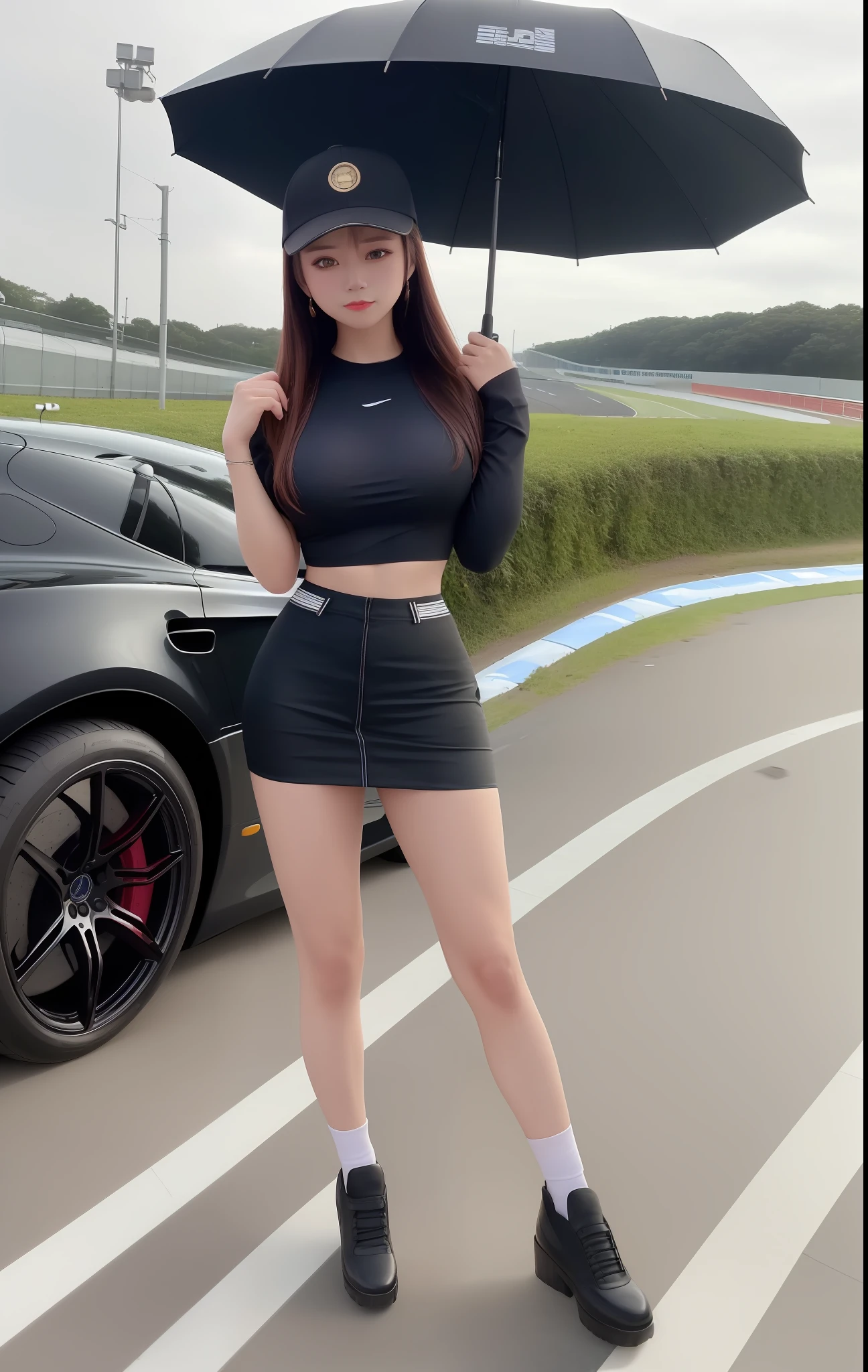 A photo of a woman, posing for picture beside ansuper car, full body,track lady,full body, realistic,big chested,moni skirt, cap,long hair,umbrella,close up photo