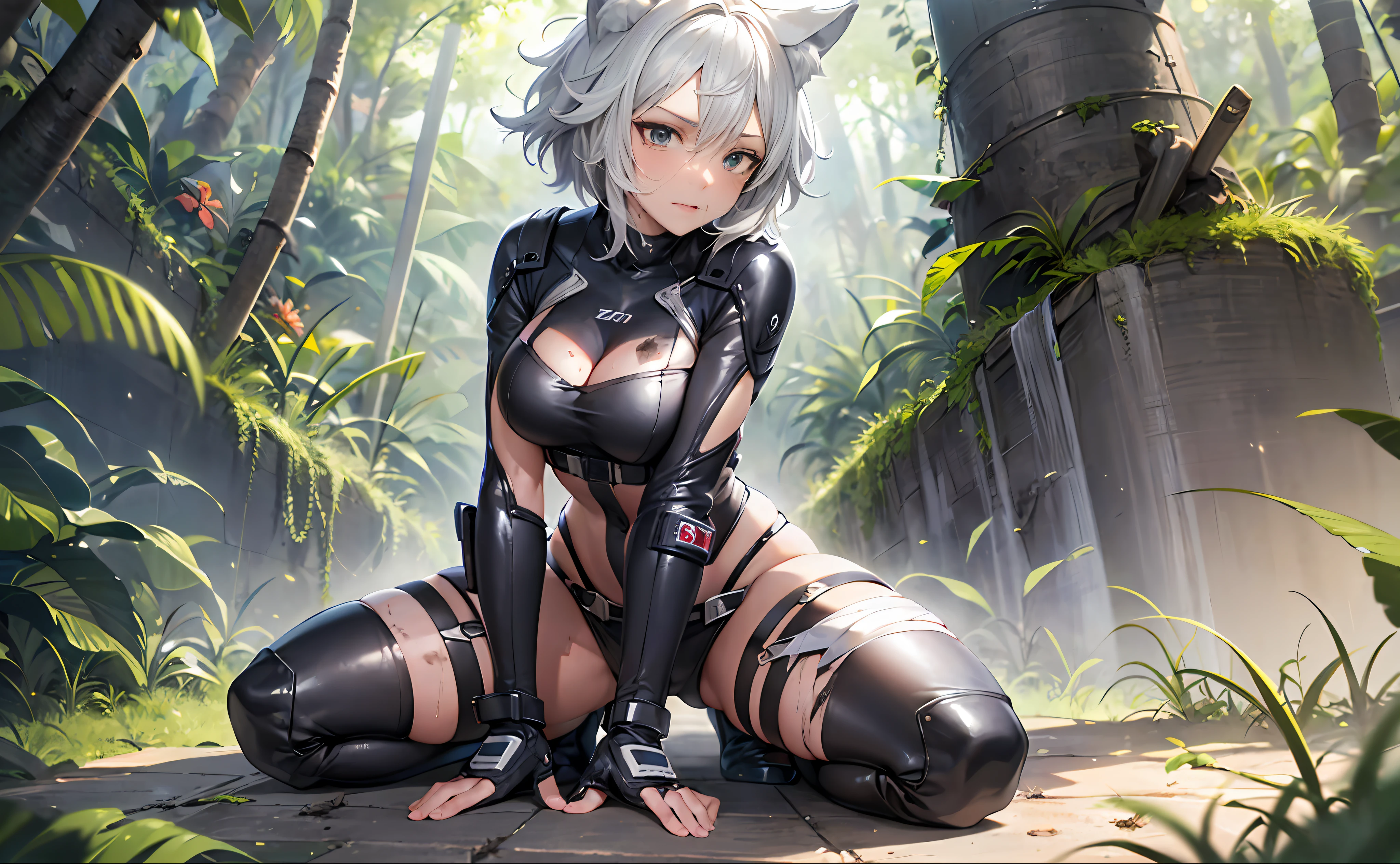 1girl, solo, wolf girl, wolf ears, (short hair, silver hair, messy hair:1.2), fighting stance, skin fang, (pilot suit, ripped clothing, goggle on head, get dirty all over:1.15), (the injured forehead was wrapped in a bandage:1.15), afraid, tropical rainforest, a crashed plane, full body, (panorama:1.25), UHD, masterpiece, textured skin, super detail, anatomically correct, high details, high quality, award winning