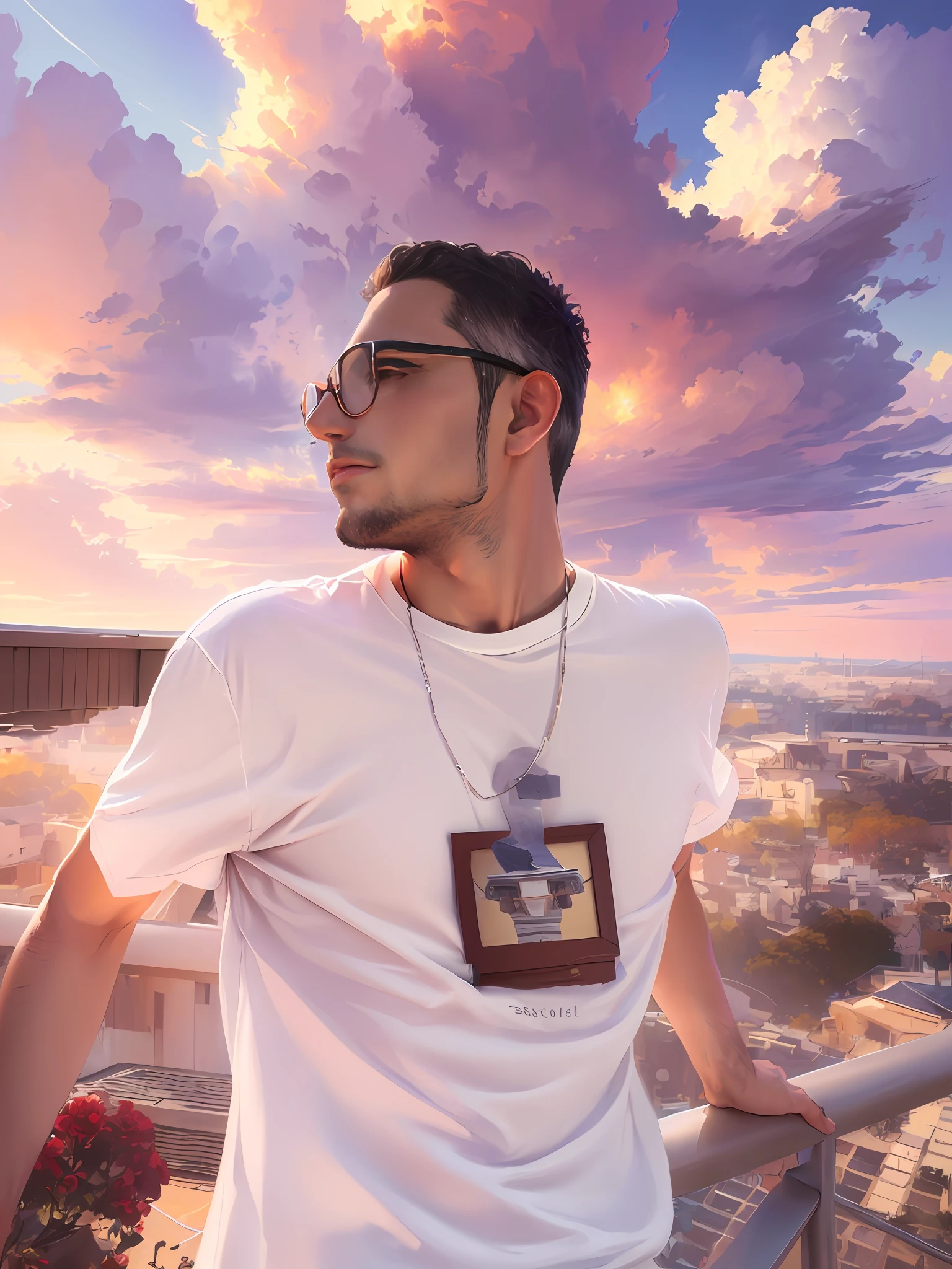 Man wearing a white shirt and glasses standing on a balcony, Retrato no meio da foto, Arte portrait of album image in realistic anime style