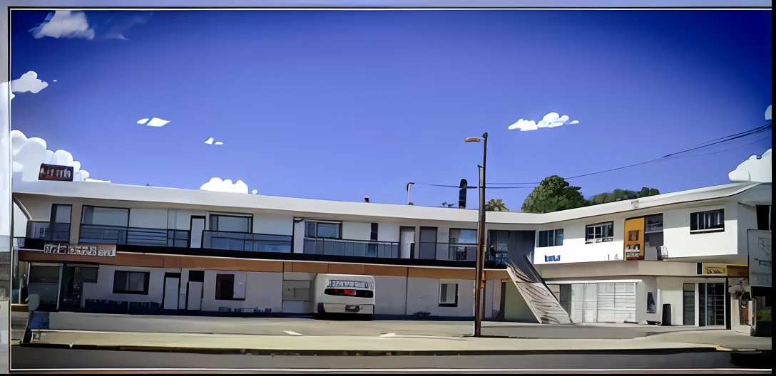 Vista arargada de um motel com uma van estacionada em frente, foto Fora, tiro Fora, vista do outro lado da rua, motel, Fora, vista externa, vista Fora, visto de fora, tiro largo Fora, foto descoberta, uma foto, Pequeno detalhe, foto estilizada, vista para a rua, um pitoresco, vista lateral frontal, 9 / 1 1