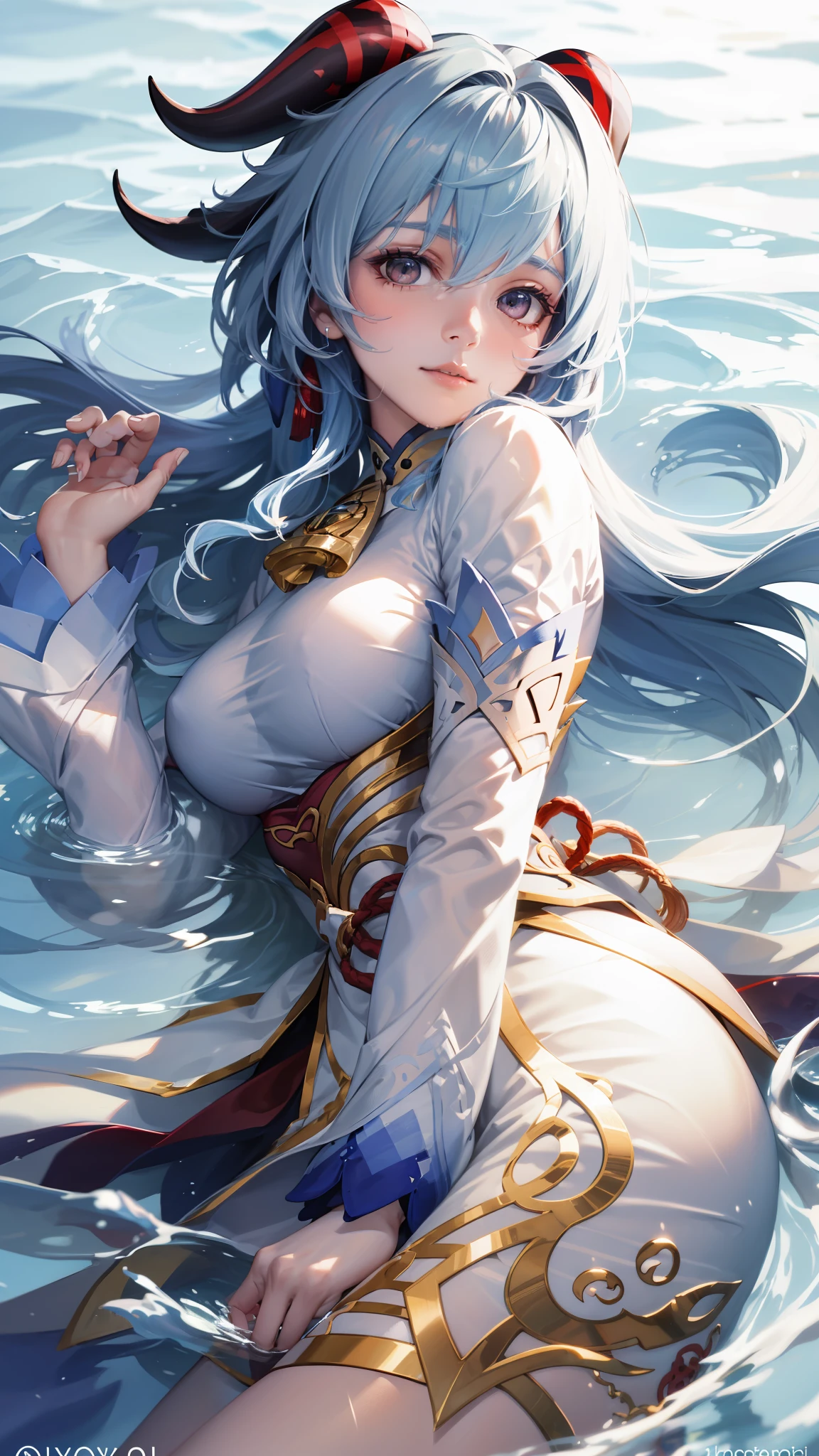 Ganyu, genshin impact, photorealistic:1.49, film grain:1.49, (masterpiece), (intricate details), 1girl, solo, mature female, large breasts, ganyu, ((light blue hair)), goat horns, white sleeves, ((white top)), half body portrait, half body, lying, lying on water, drawn, face at water, hair on water, messy hair, (best quality), looking at viewer, view from above, head on water, from side, lying from side,