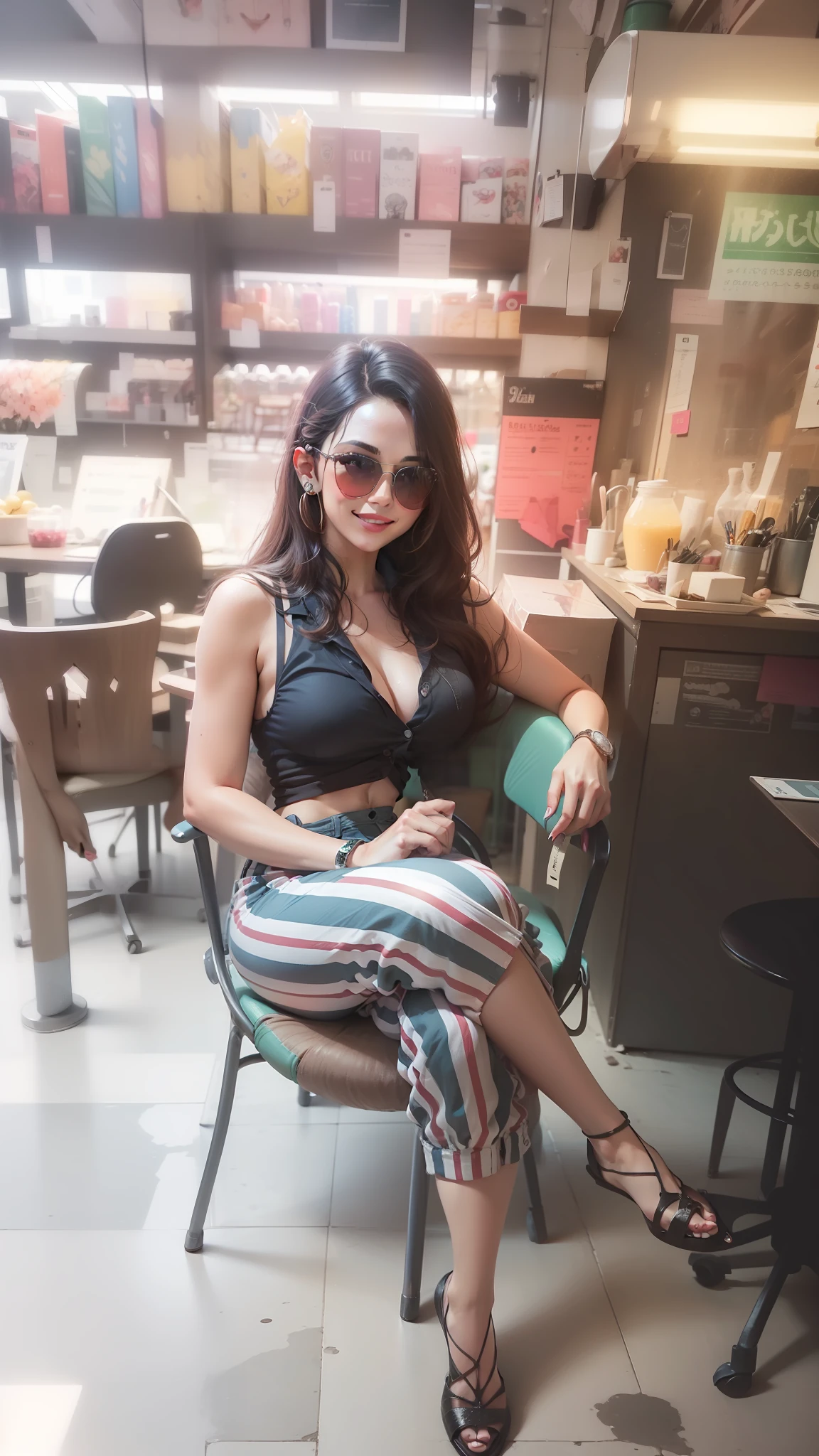 Detailed sunglasses, big lips pink smile