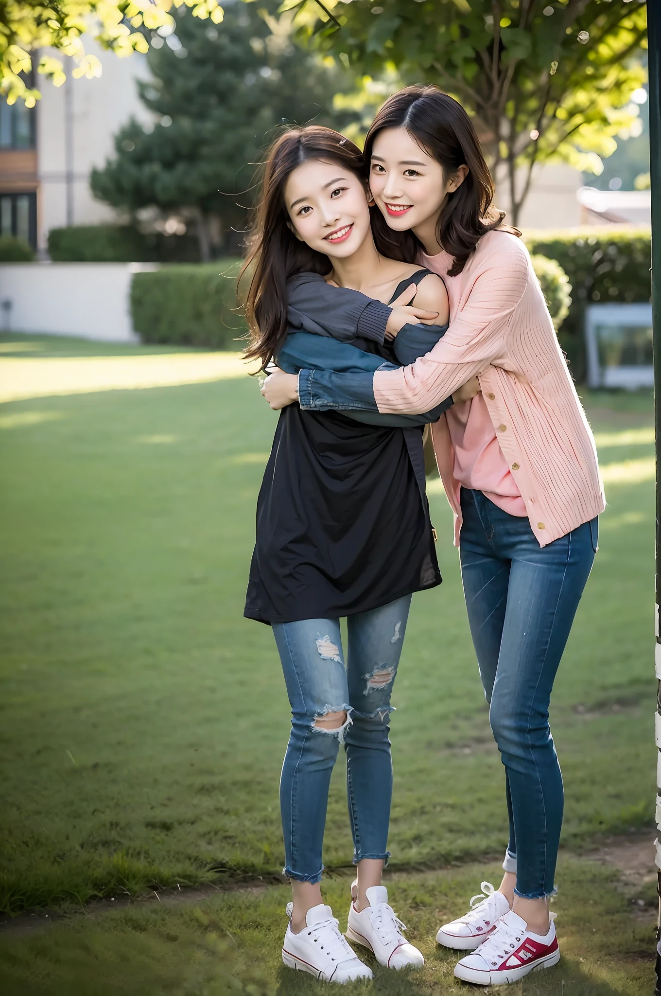 （RAW photogr，超高分辨率，tmasterpiece，best qualtiy：1.4），Complicated details，2 20 year old Korean girl，Wear a loose black T-shirt and skinny jeans，Stand on the grass and take pictures，hugs，Intimate relationships，Detailed meadow，A sweet smile on a small face，The face and skin are pink and fair，Ultra-realistic facial details，Playful and coquettish pose，The calves are straight and slender:1.5，Wear high-end branded colorful travel shoes:1.5，eventide，warm color，Broad lighting，naturalshadow，taking a full body photo:1.8