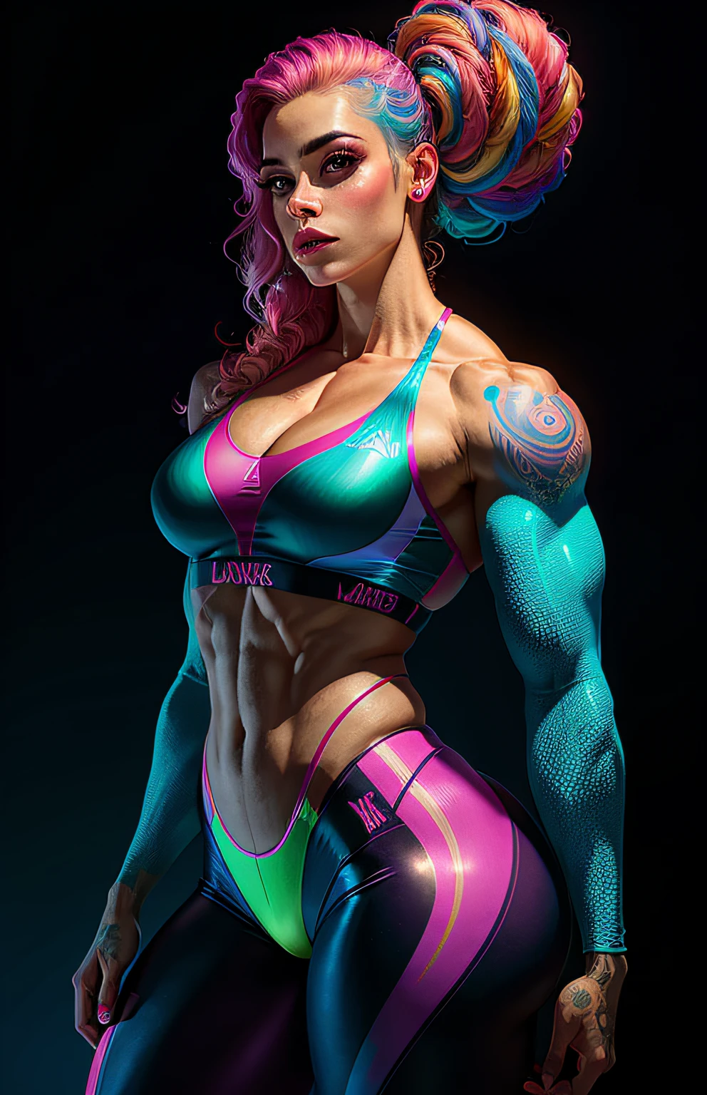 foto de corpo todo, estilo synthwave uma mulher elfa por agnes cecile, BODYBUILDER, design luminoso, cores pastel, gotejamentos de tinta, luzes de outono, orelhas perfeitas, olhos azuis