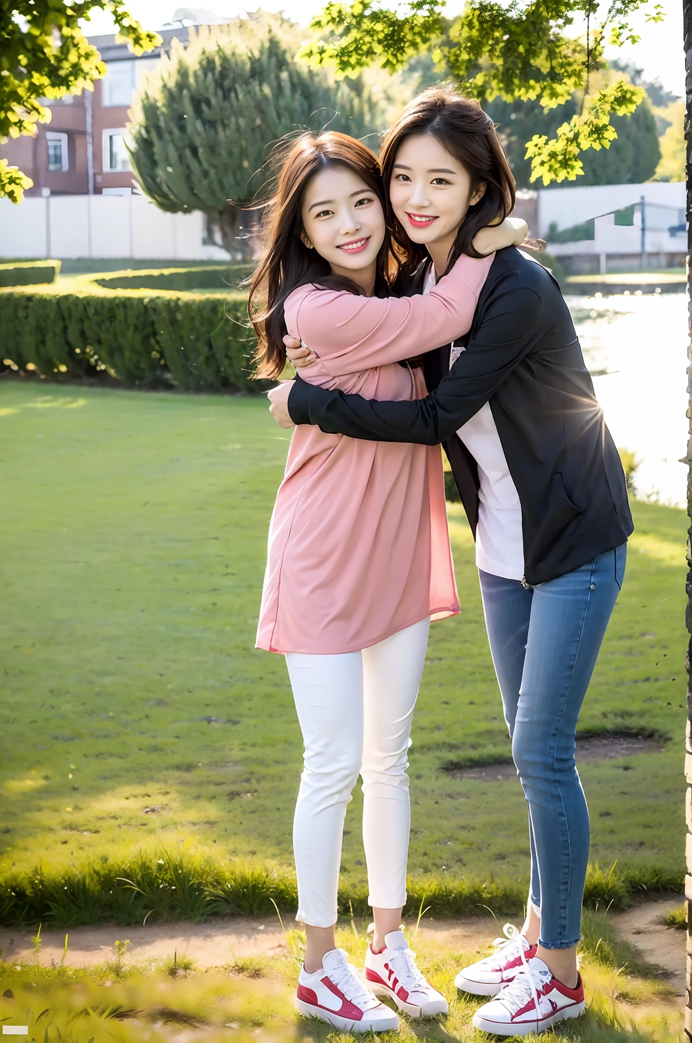 (RAW photogr,超高分辨率,tmasterpiece,best qualtiy:1.4),Complicated details,2 20 year old Korean girl,Wear a loose black T-shirt and skinny jeans,Stand on the grass and take pictures,hugs,Intimate relationships,Detailed meadow,A sweet smile on a small face,The face and skin are pink and fair,Ultra-realistic facial details,Playful and coquettish pose,The calves are straight and slender:1.5,Wear high-end branded colorful travel shoes:1.5,eventide,warm color,Broad lighting,naturalshadow,taking a full body photo:1.8