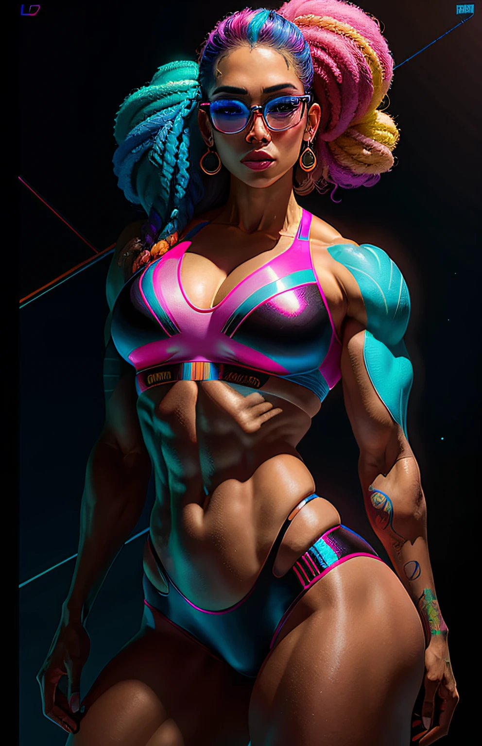 foto de corpo todo, estilo synthwave uma mulher elfa por agnes cecile, BODYBUILDER, design luminoso, cores pastel, gotejamentos de tinta, luzes de outono, orelhas perfeitas, olhos azuis