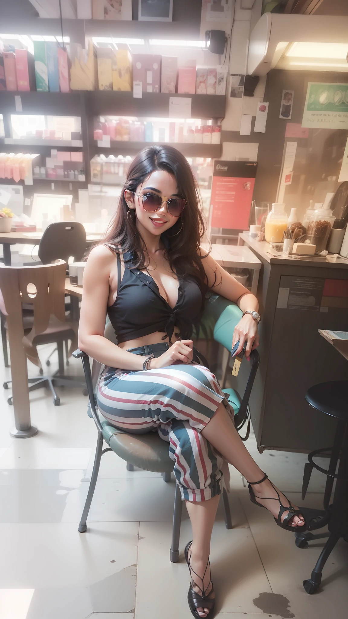 Detailed sunglasses, big lips pink smile