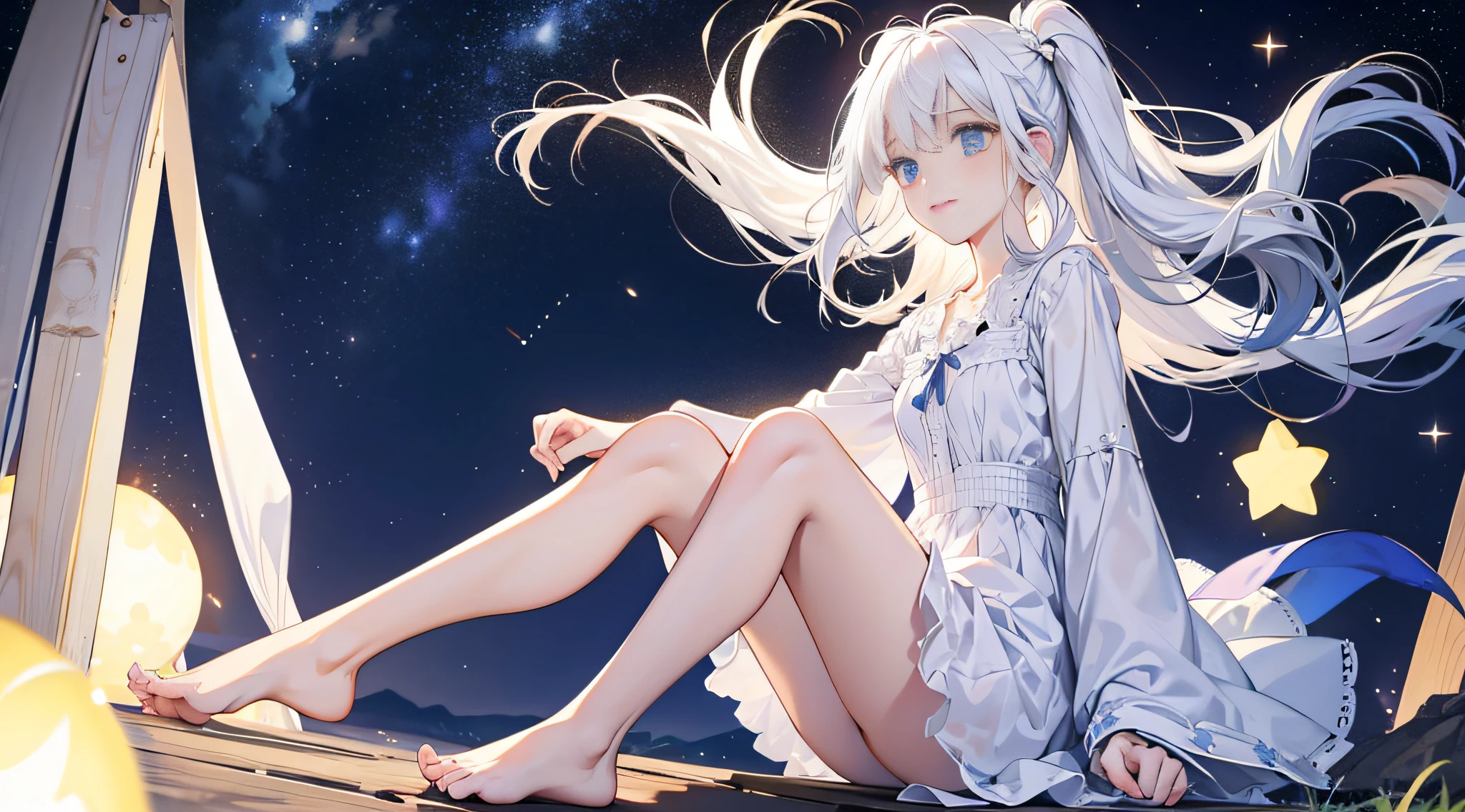 White hair, Girly,, Cute, Barefoot, Night sky, Starry all over the body