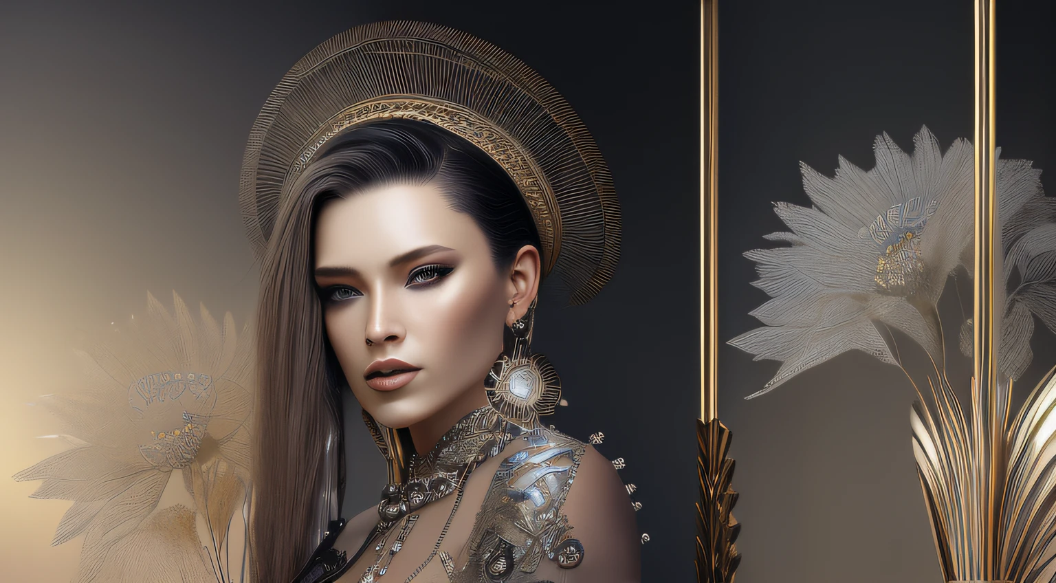 Complex 3 d render of a beautiful fascinating biomechanical woman with a porcelain face,, beautiful natural light, rim light, 1 5 0 mm lens, Aztec warrior, feathers, piercing, Aztec tattoos, white flowers, vanilla leaves and stems, sinuous roots, white flowers, fine foliage lace, steampunk, details in silver gold filigree, alexander mcqueen haute couture,  pearl earring, Art Nouveau fashion embroidery, hexagonal mesh yarn, mandelbrot fractal, facial muscles, cable wires, microchip, elegant, beautiful natural light, studio lights, rim light, highly detailed, hyperrealistic, sharp, octane render, H. R. Giger style, volumetric lighting, 8K post-production