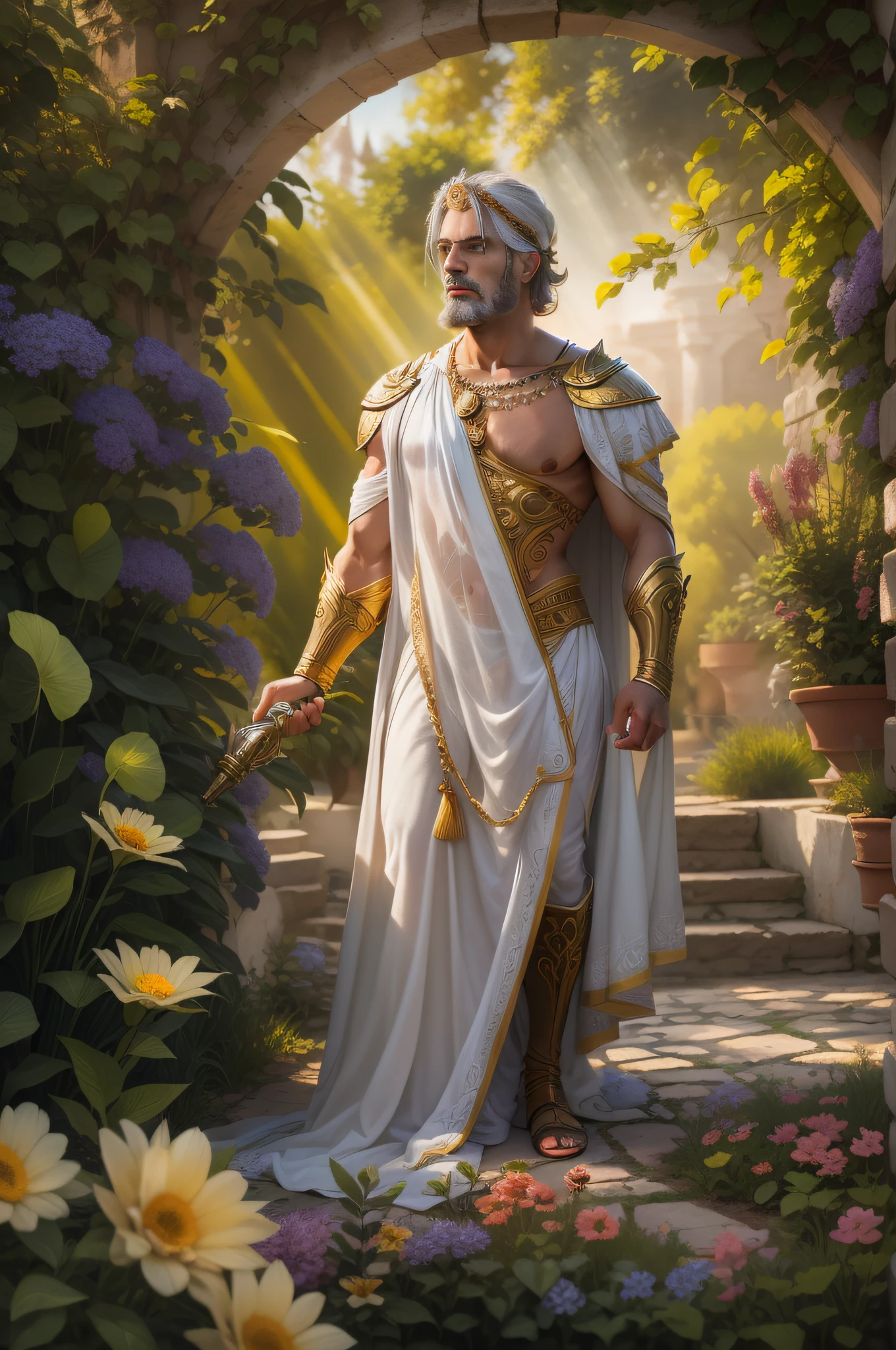 Zeus , full body potrait of a photorealistic in a greek garden, white and gold vilain clothes, bright color eyes, full body, dark fantasy, flowers, sun rays, overcast