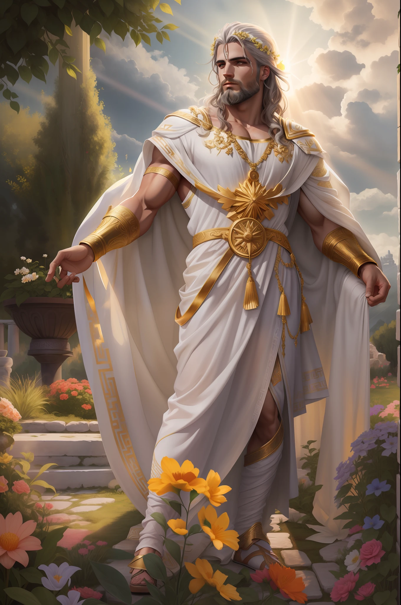 Zeus , full body potrait of a photorealistic in a greek garden, white and gold vilain clothes, bright color eyes, full body, dark fantasy, flowers, sun rays, overcast