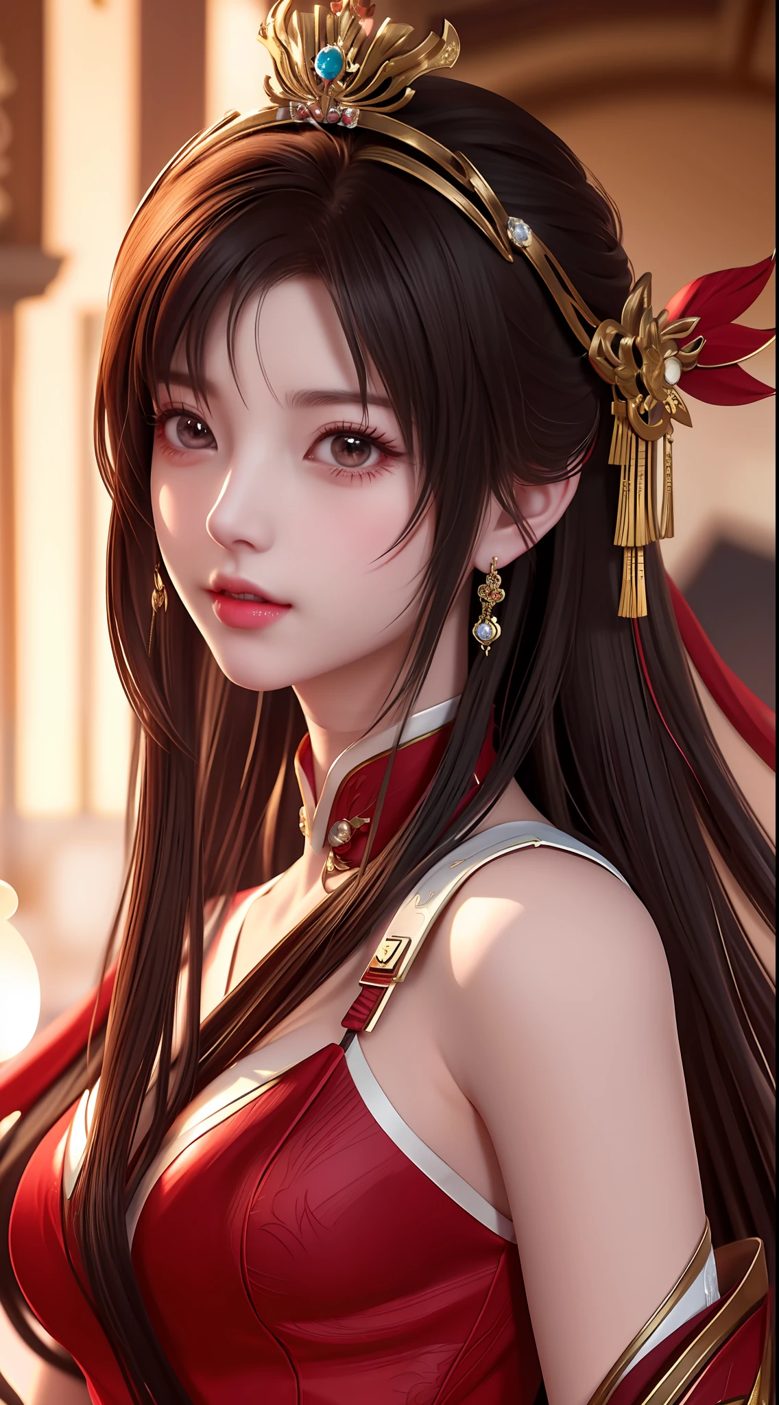 a close up of a woman in a red dress with long hair, beautiful alluring anime woman, a beautiful fantasy empress, inspired by Du Qiong, seductive tifa lockhart portrait, ((a beautiful fantasy empress)), seductive anime girl, beautiful anime woman, glamorous tifa lockheart, beautiful avatar pictures, tifa, lady in red armor, mai shiranui