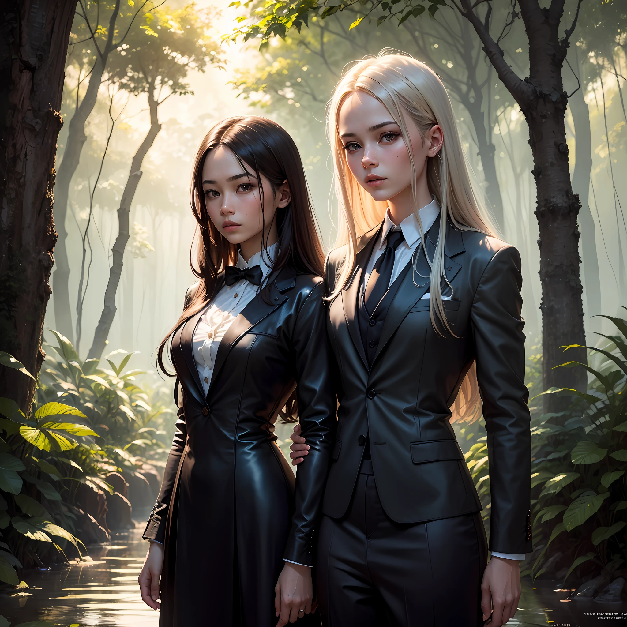 Surrealist portraits of women by David Hockney and Alphonse Mucha,Fantasyart,photographrealistic,动态照明,artstation,poster for,Volumetriclighting,Very detailed faces,4 k,Award-Awarded,,1girl,in the darkness nigth,deep shading,low tune,Cowboy photos,(formal outfit:1.4),long whitr hair,whaite hair,A beautiful close-up((adventurer)),jungles,oases,giant and wet trees