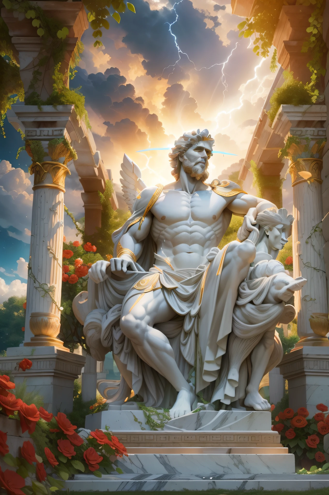 (extremely detailed CG unity 8k wallpaper, best quality, masterpiece, an extremely delicate and beautiful), Greek garden, white marble statue, Zeus, golden lightning bolts, thunderous sky, sunlight rays,green vines, red flowers, blue sky-background, grand, majestic.