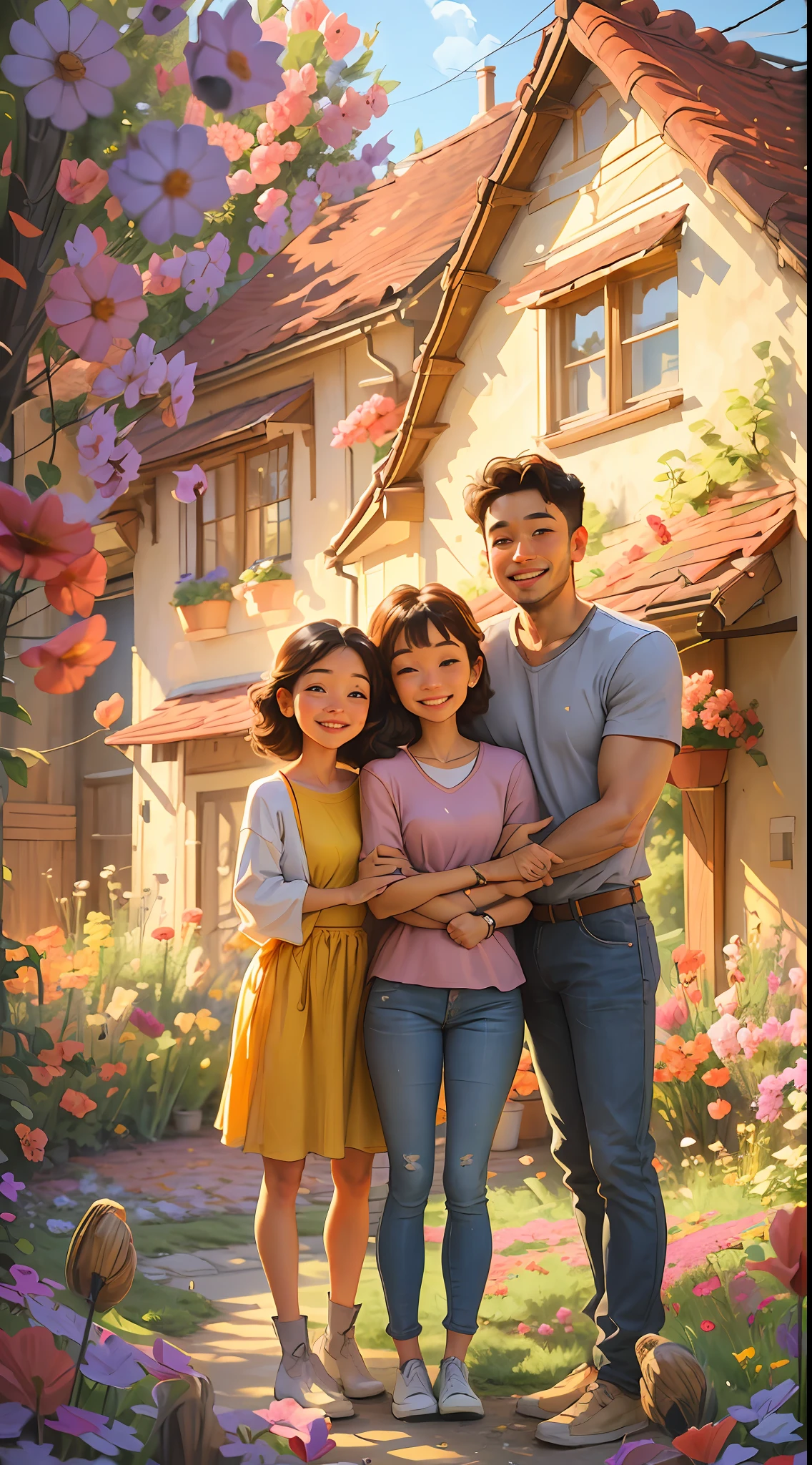 A family of two parents, a boy, and a girl, standing closely together, embracing each other, with bright and radiant smiles on their faces, behind them is a spacious and cozy house, surrounded by beautiful flowers and trees, in vibrant and lively colors, captured in 8K, HD.