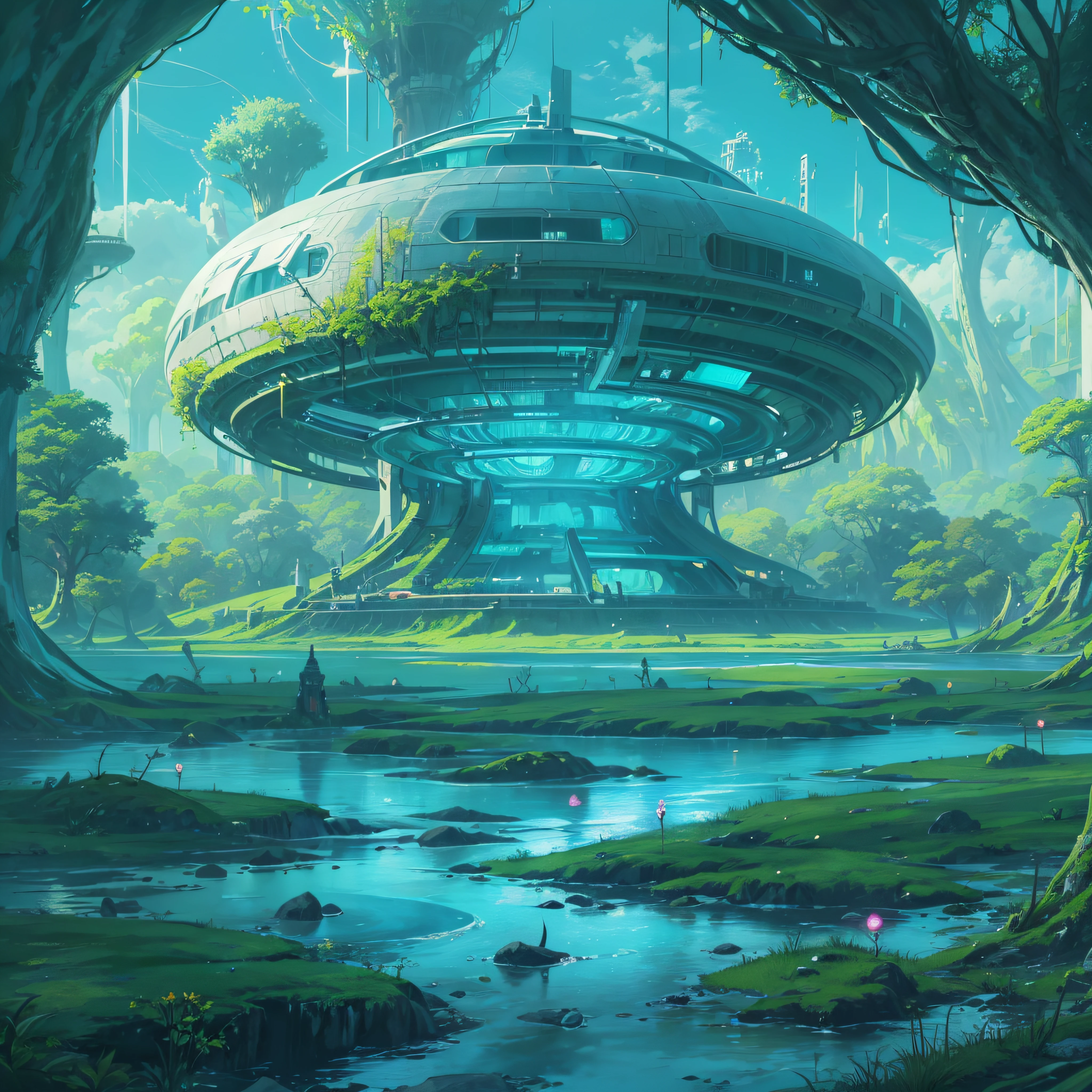 futuristic alien round school, in the middle of a turquoise alien forest, beeple , sci-fi fantasy wallpaper, , lush alien landscape green sky, science fantasy painting, science fiction landscape, green lake and blue field,