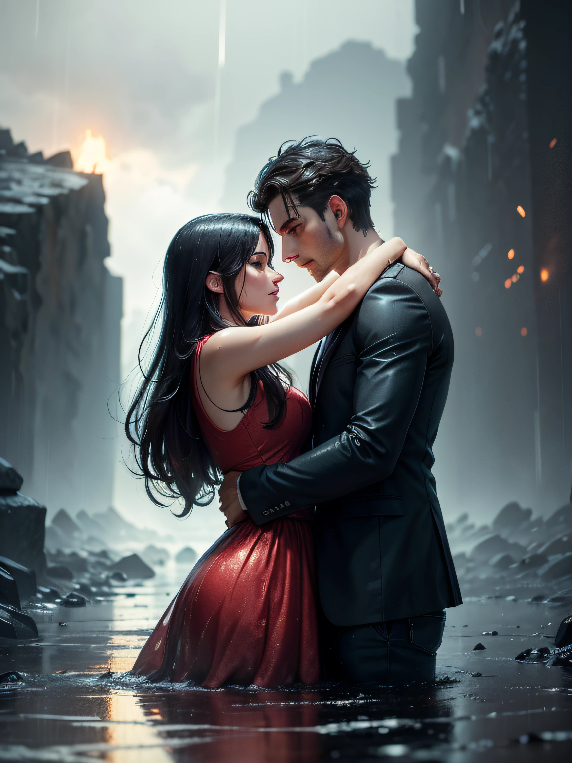 A man and a woman hugged each other in the rainstorm,There are flames around you,cracked ground,There are flying rocks,cinematic style,epic sense --auto
