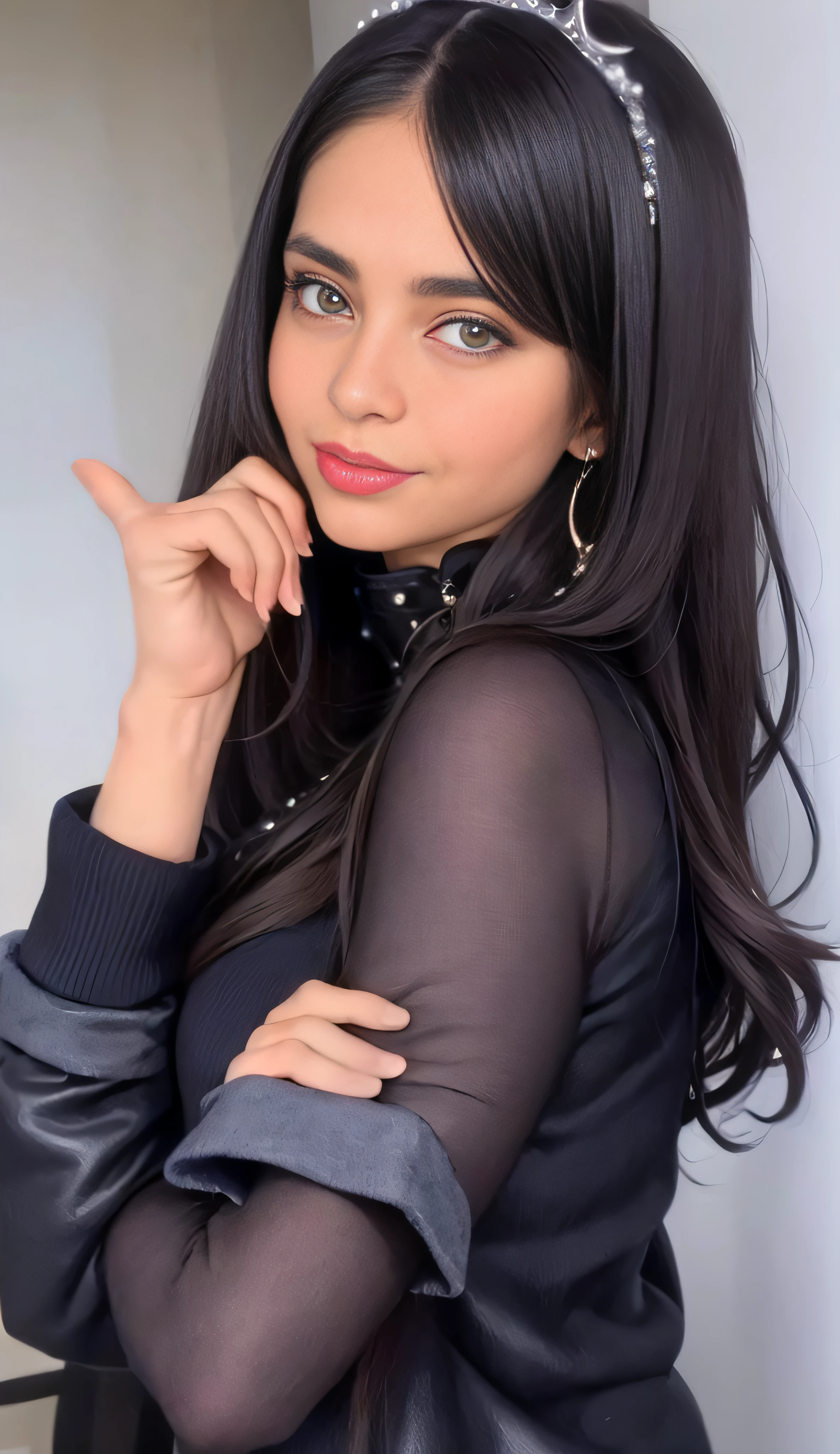 Un primer plano de una mujer con una diadema y una chaqueta de cuero, Violeta Myers, Astri Lohne, Imagen de perfil, Isabela Moner, lorena avarez, Angelawhite, adriana dxim, 18 years old, alanis guillen, Anastasia Ovchinnikova, fernanda suarez, cabello negro y ojos grandes