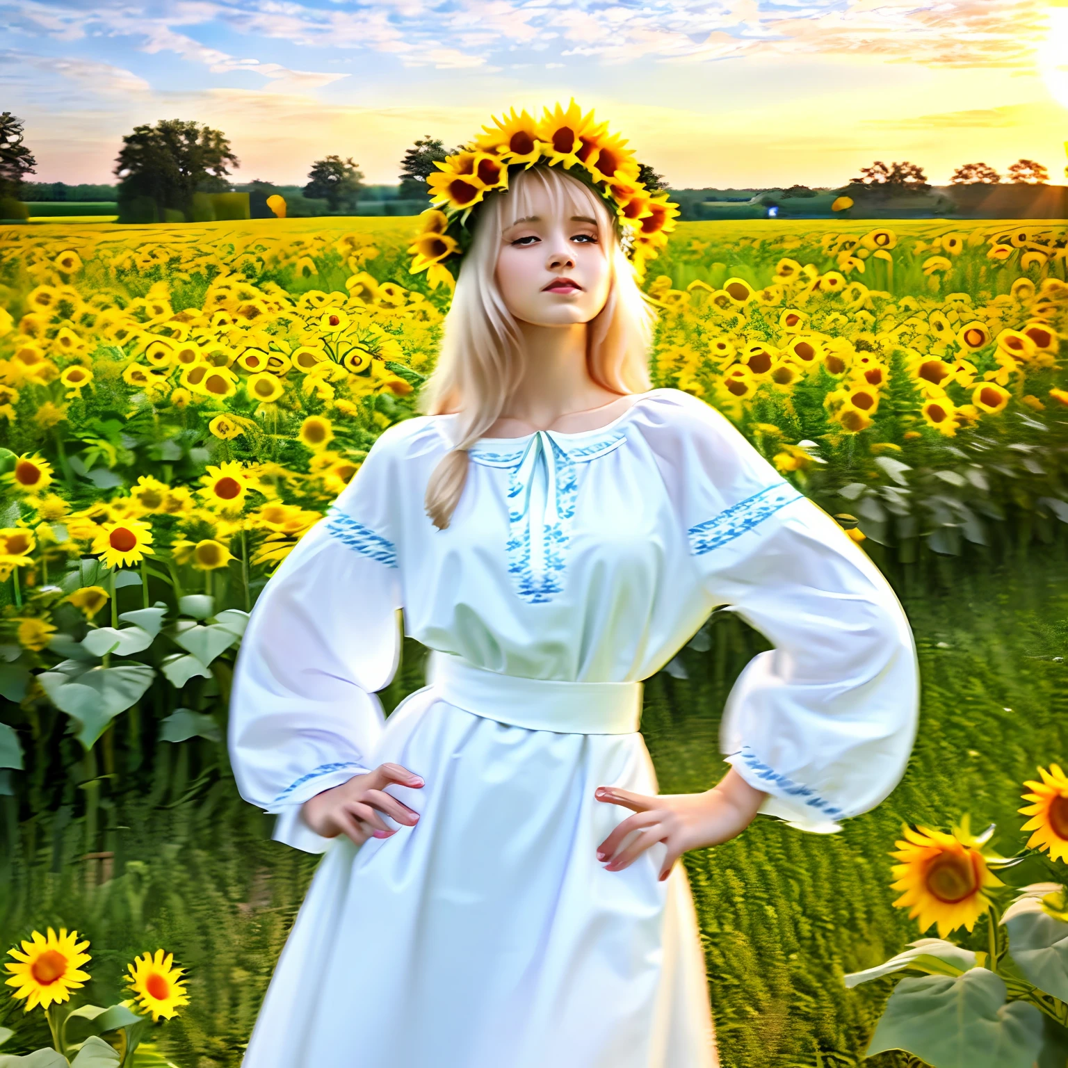 It's a beautiful photo、With a majestic blue sky and majestic clouds in the background、Hall with hands on hips々Young Ukrainian girl standing、platinum-blonde、Gaze looking up at the sky、On the back of her head is the sun,、Her body, hair, And the clothes had a yellow halo against sunlight.、Soft focus glows、Blue eyes、Wearing a sunflower wreath、Wearing Ukrainian white national costume、Wearing a sunflower-style cloth around the waist、Slender Ukrainian girl with small breasts、In the background is the taiga Dnipro River.、There is a large forest across the river.、Ukrainian landscape with sunflowers blooming、​masterpiece