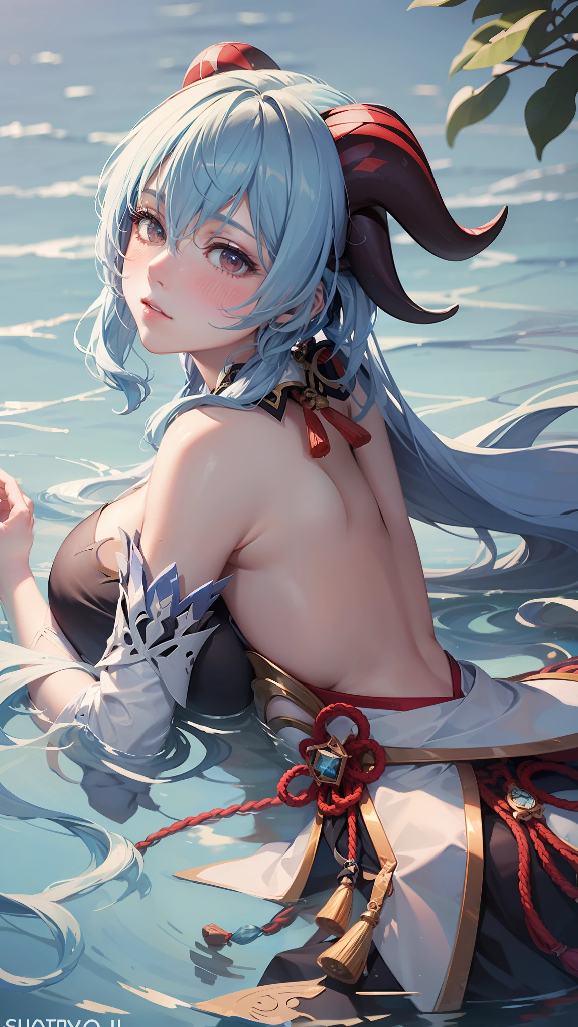 Ganyu, genshin impact, photorealistic:1.49, film grain:1.49, (masterpiece), (intricate details), 1girl, solo, mature female, large breasts, ganyu, ((light blue hair)), ((blush)), goat horns, white sleeves, ((white top)), half body portrait, half body, lying, lying on water, drawn, face at water, hair on water, messy hair, (best quality), looking at viewer, view from above, head on water, from side, lying from side, safe for work (sfw),