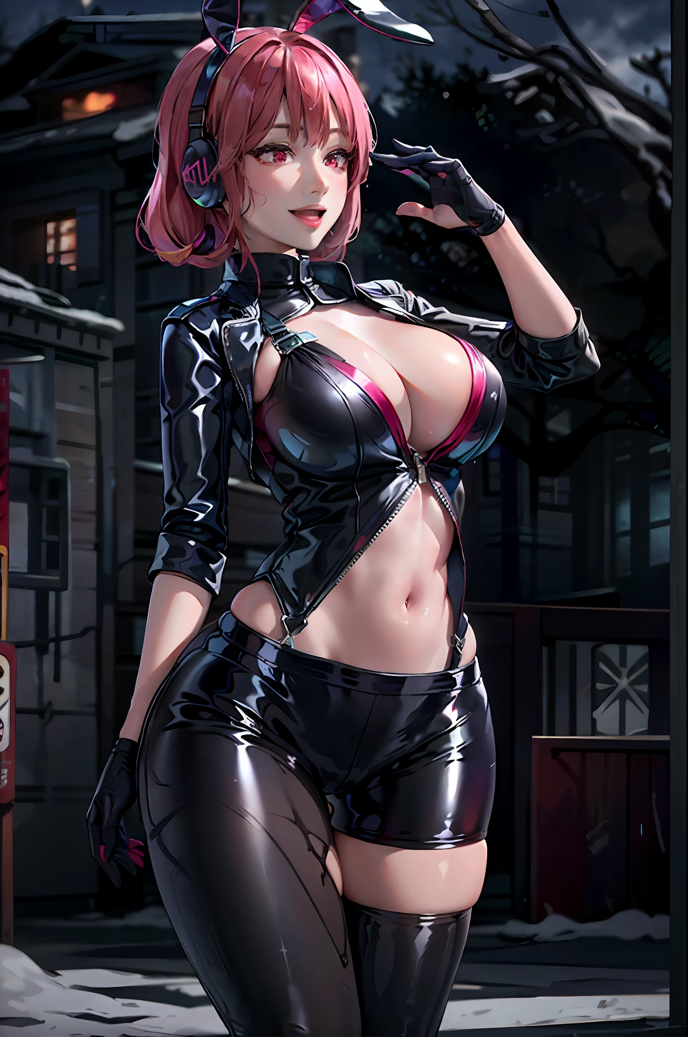 (RAW photo, best quality, masterpiece:1.2), (realistic, photo-realistic:1.4),(masterpiece:1.4),(best quality:1.4),1girl, solo, :d, animal ear headphones, animal ears, arms up, bangs, blush, bodysuit, breasts, bunny pose, clothes writing, covered navel, cowboy shot, cropped jacket, fake animal ears, gloves, outdoor,morning,snow, hair intakes, headphones, impossible bodysuit, impossible clothes, jacket, large breasts, latex, latex bodysuit, long hair, long sleeves, looking at viewer, large breasts, multicolored gloves, open mouth, pink bodysuit, pink eyes, red eyes, red jacket, shiny clothes, shrug \(clothing\), sidelocks, skin tight, smile, thigh gap, thighs, twintails, very long hair, white gloves, white hair,alice \(nikke\),(shiny skin),realistic,