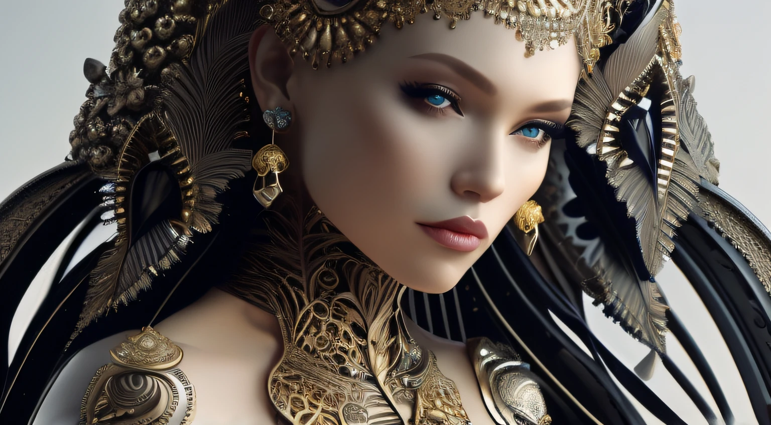 Complex 3 d render of a beautiful fascinating biomechanical female cyborg with a porcelain face,, bela luz natural, luz de aro, lente 1 5 0 mm, guerreiro asteca, penas, piercing, tatuagens astecas, flores brancas, folhas e caules de baunilha, sinuous roots, flores brancas, renda de folhagem fina, steampunk, detalhes em filigrana de ouro prateado, alexander mcqueen alta costura alta costura,  Pearl earring, moda art nouveau bordado, fio de malha hexagonal, fractal de mandelbrot, facial muscles, fios de cabo, microchip, elegante, luz natural bonita, studio lights, luz de aro, altamente detalhado, hiperrealista, clear, render de octanagem, estilo H. R. Giger, volumeric lighting, 8 k post production