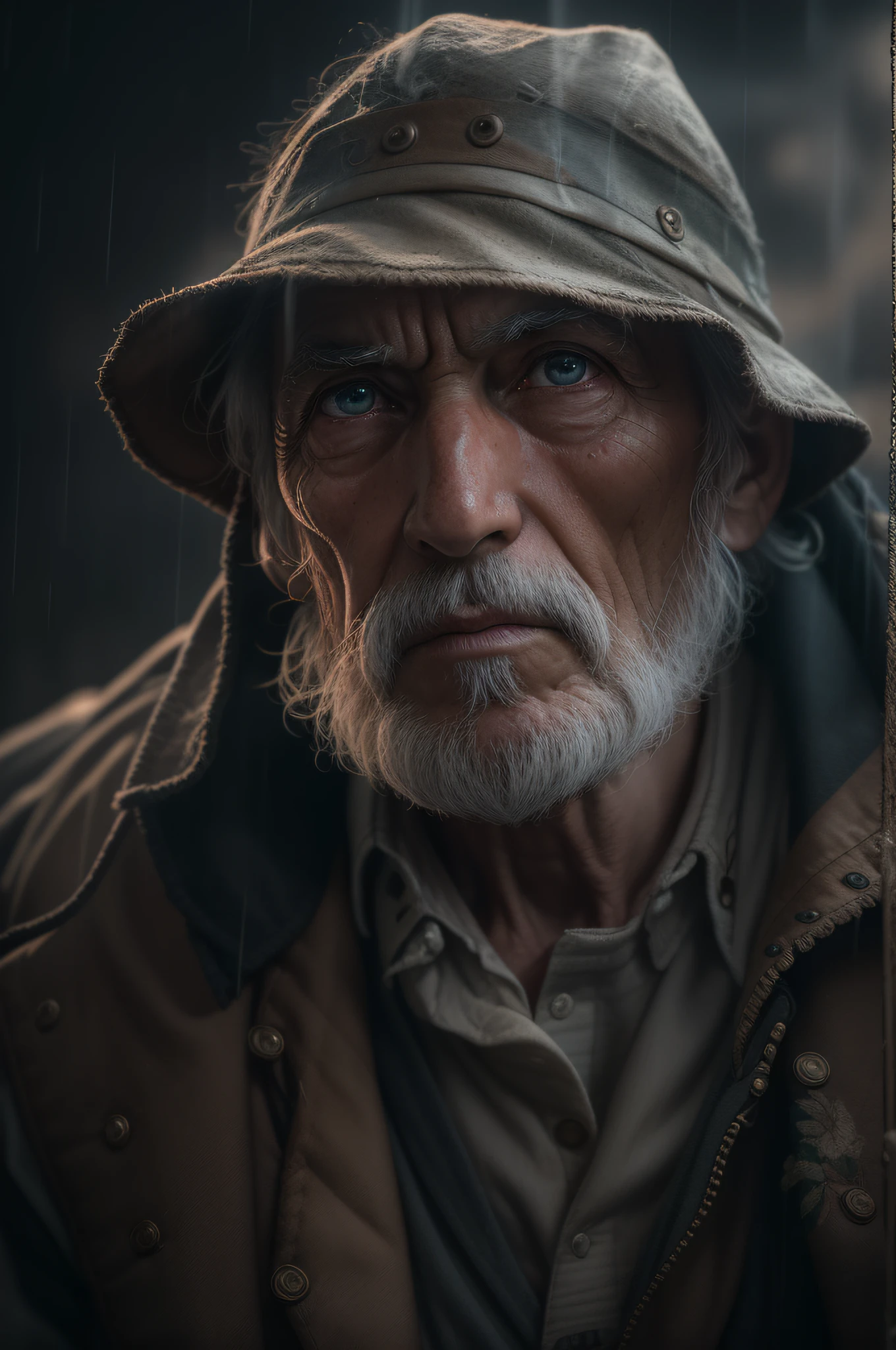 (sharp focus:1.2), an award winning full body photo of an old man peasant, water droplets, thunderstorm outside, lightning back lighting, , lines on face, wrinkles, extremely detailed skin, sadness, hopelessness ,cloudy eyes, (deep shadows:1.1), high contrast, beautiful eyes, absurdres, 8k, (high quality:1.3), , artstation hd, concept art, detailed face and body, award-winning photography, (moody lighting:1.2), depth of field, bokeh, 4K, HDR