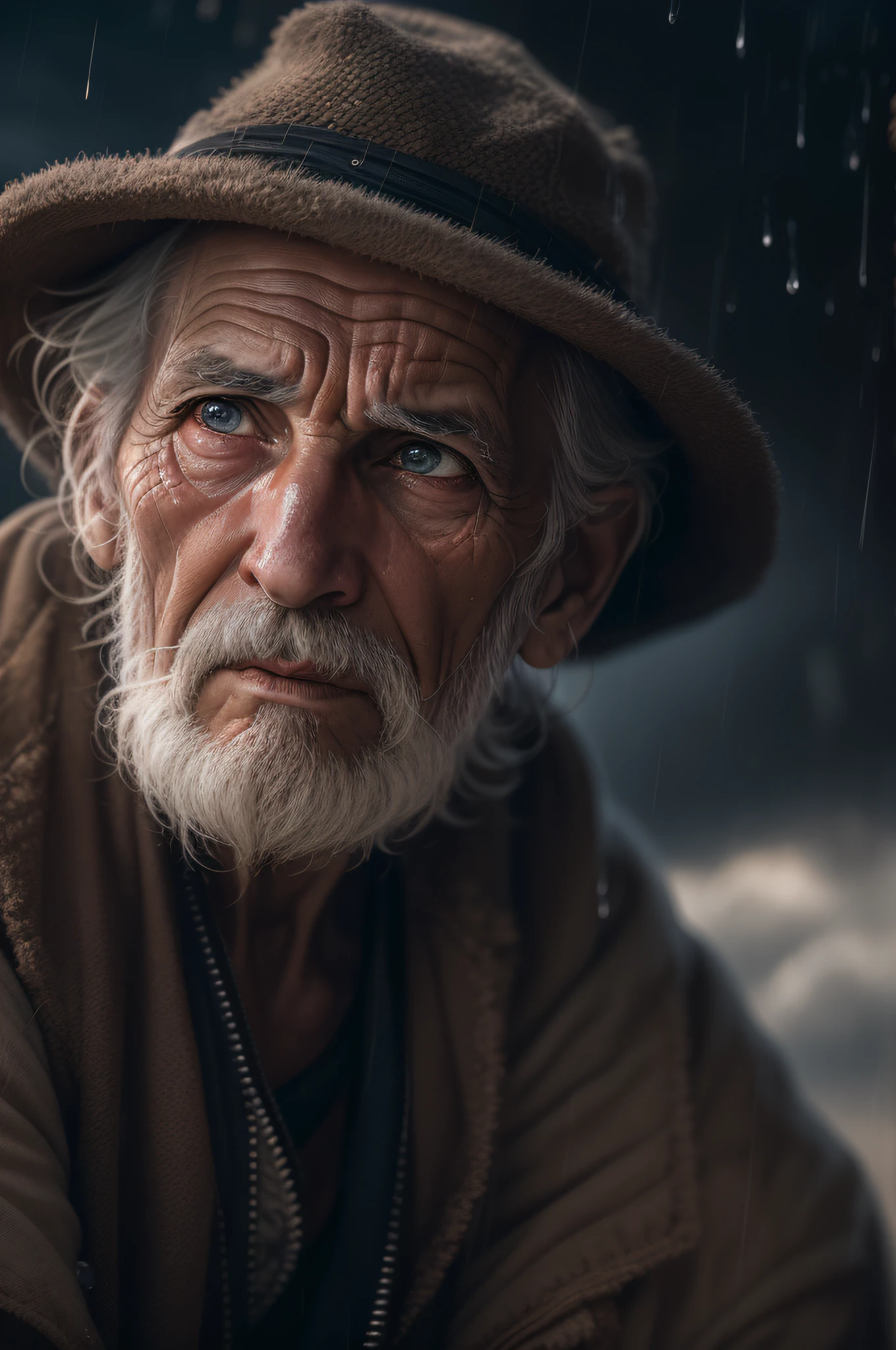 (sharp focus:1.2), an award winning full body photo of an old man peasant, water droplets, thunderstorm outside, lightning back lighting, , lines on face, wrinkles, extremely detailed skin, sadness, hopelessness ,cloudy eyes, (deep shadows:1.1), high contrast, beautiful eyes, absurdres, 8k, (high quality:1.3), , artstation hd, concept art, detailed face and body, award-winning photography, (moody lighting:1.2), depth of field, bokeh, 4K, HDR