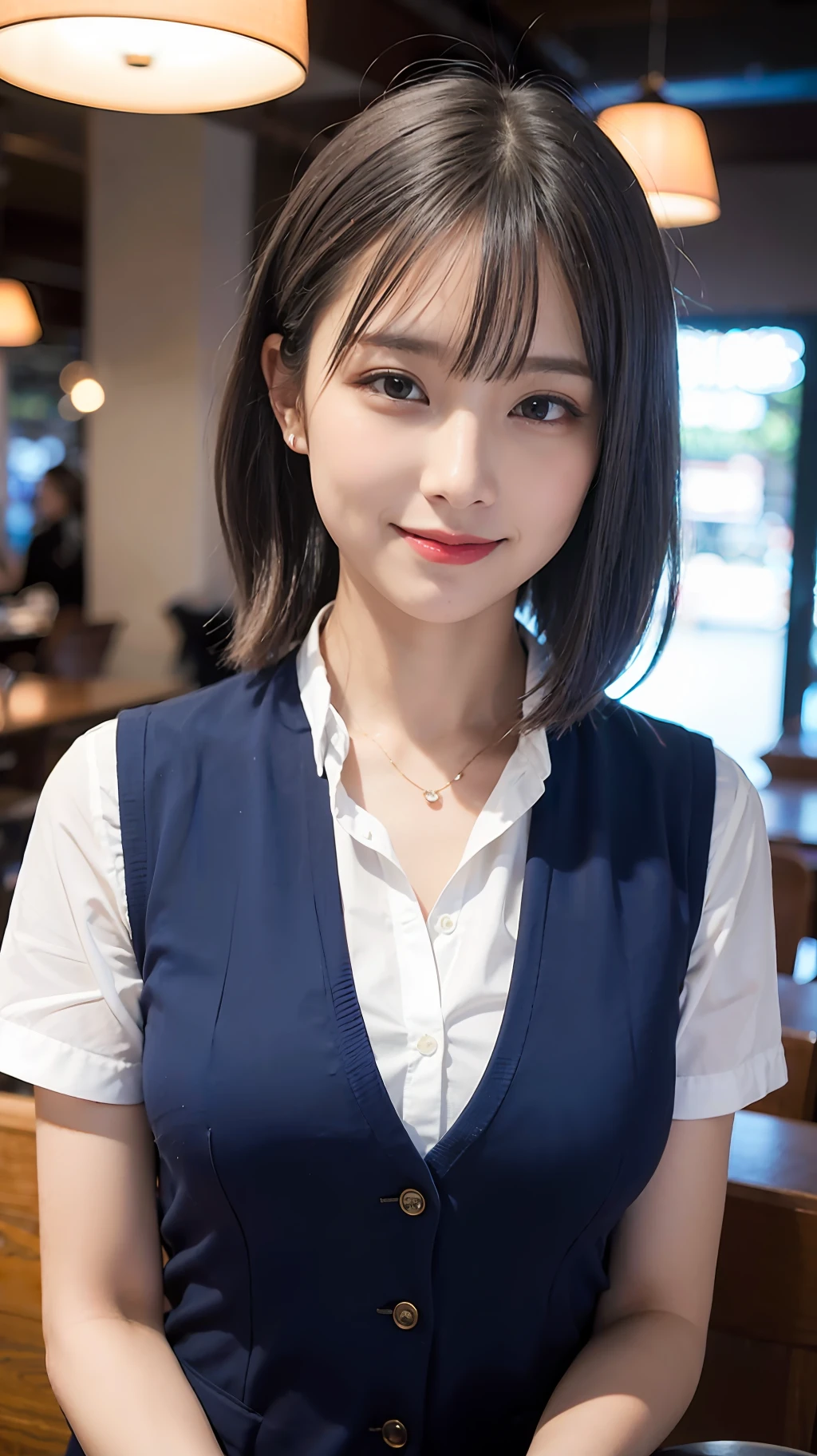 (((Medium hair))), Top Quality, 8K, HDR, Hi-Res, Absurdity: 1.2, Photography, (RAW Photos: 1.2), (Photorealistic: 1.4), (Masterpiece: 1.3), (Complex Details: 1.2), 1 Girl, Solo, Japan girls, Delicate and beautiful details, (Detailed eyes), (Detailed facial features), Petite, (Small breasts))), Toned Skin, ( looking_at_viewer), from_front, (Skinny), (Best Quality: 1.4), (Ultra High Definition: 1.2), Cinemalite, (Extreme Detail Illustration), (Lip Gloss, Best Quality, Ultra High Resolution, Depth of Field, Caustics, Broad Lighting, Natural Shading, 85mm, f / 1.4, ISO 200, 1/160 sec: 0.75), 1 girl, solo, ((blue vest))) smile, uniform, necklace, fashionable café: 1.3, black neat and clean clothes, Nogizaka idol, gravure idol, beauty