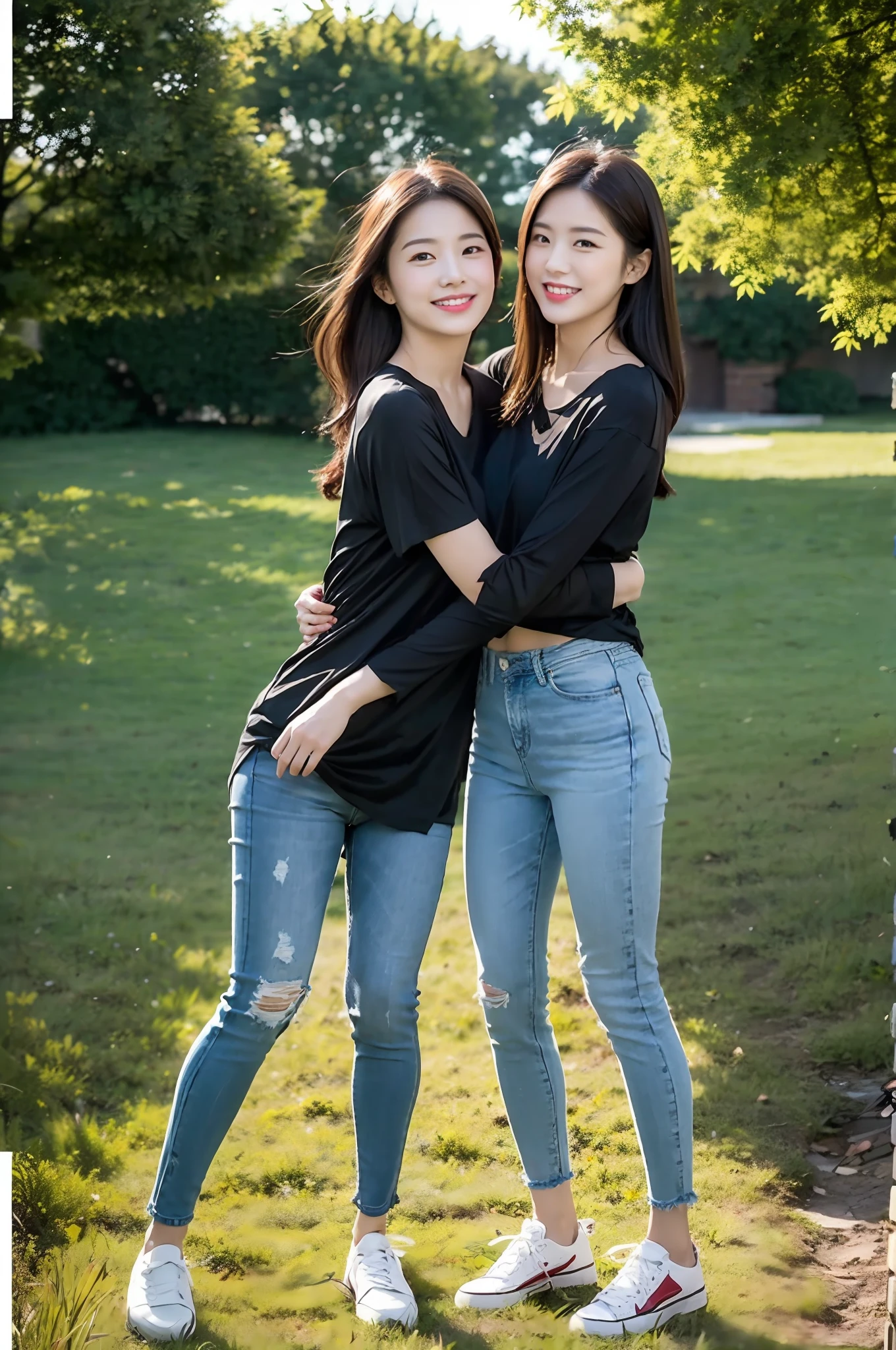 （RAW photogr，超高分辨率，tmasterpiece，best qualtiy：1.4），Complicated details，2 20 year old Korean girl，Wear a loose black T-shirt and skinny jeans，Stand on the grass and take pictures，hugs，Intimate relationships，Detailed meadow，A sweet smile on a small face，The face and skin are pink and fair，Ultra-realistic facial details，Playful and coquettish pose，The calves are straight and slender:1.5，Wear high-end branded colorful travel shoes:1.5，eventide，warm color，Broad lighting，naturalshadow，taking a full body photo:1.8