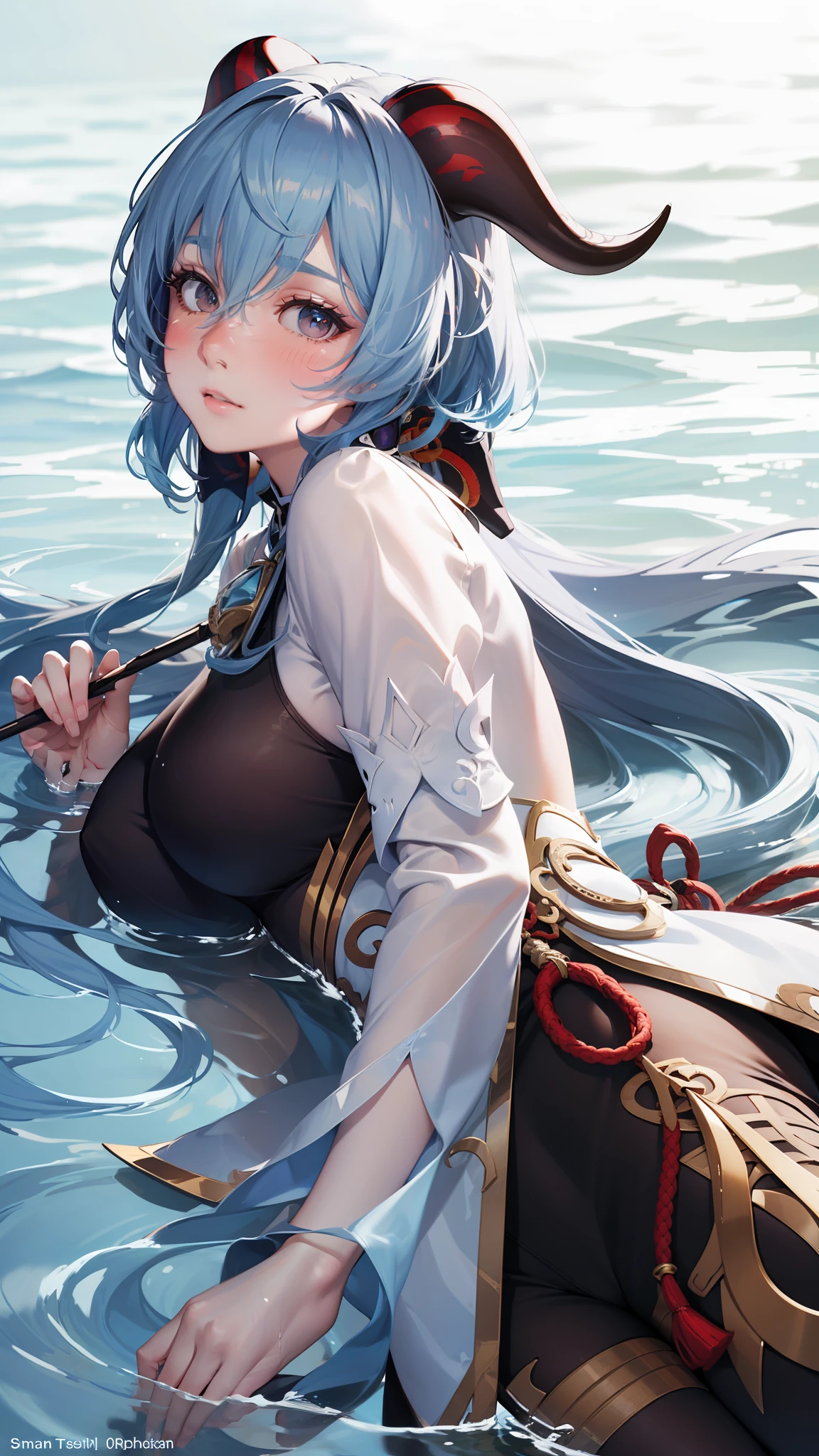 Ganyu, genshin impact, photorealistic:1.49, film grain:1.49, (masterpiece), (intricate details), 1girl, solo, mature female, large breasts, ganyu, ((light blue hair)), ((blush)), goat horns, white sleeves, ((white top)), half body portrait, half body, lying, lying on water, drawn, face at water, hair on water, messy hair, (best quality), looking at viewer, view from above, head on water, from side, lying from side, safe for work (sfw),