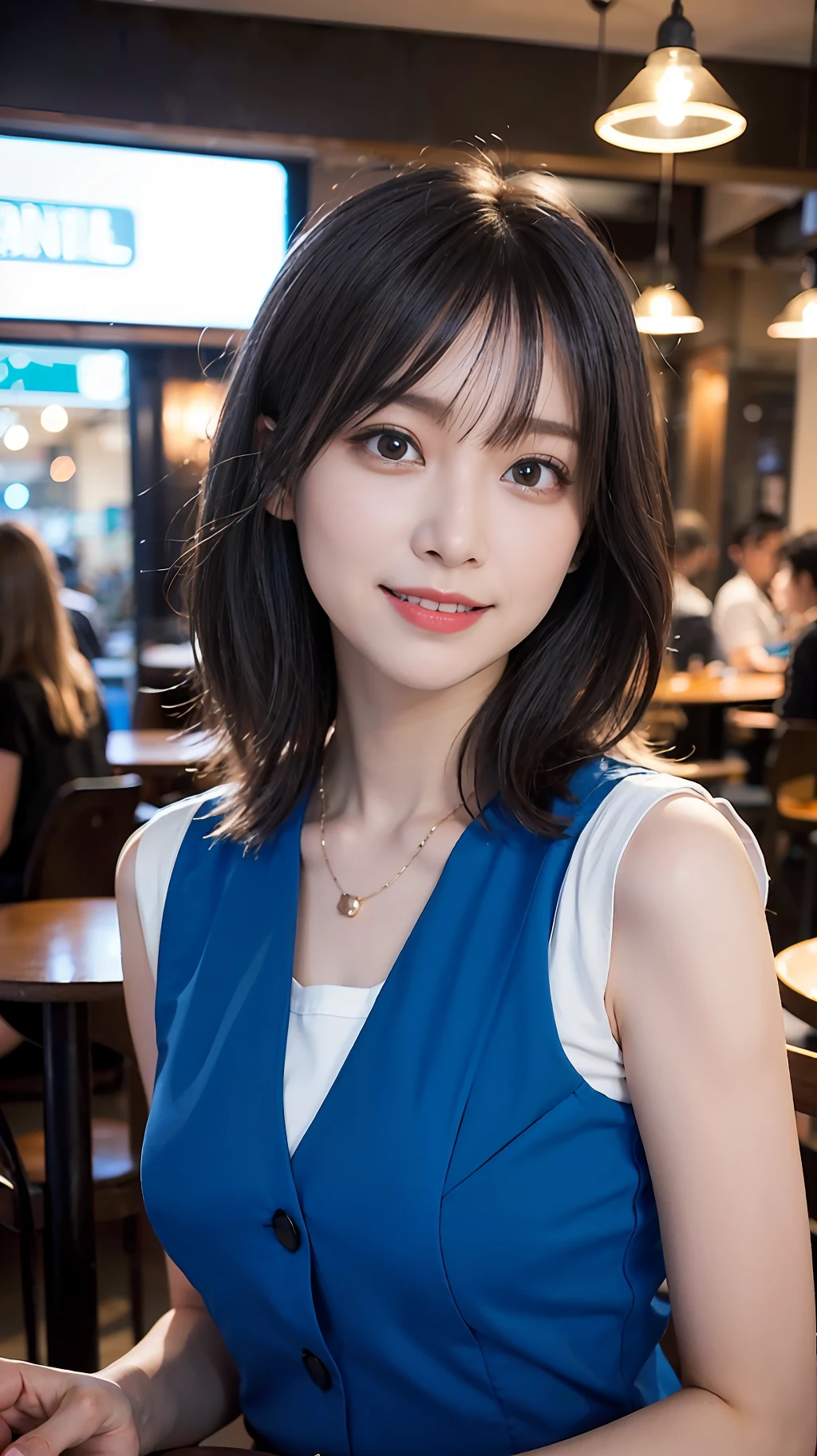 (((Medium hair))), Top Quality, 8K, HDR, Hi-Res, Absurdity: 1.2, Photography, (RAW Photos: 1.2), (Photorealistic: 1.4), (Masterpiece: 1.3), (Complex Details: 1.2), 1 Girl, Solo, Japan girls, Delicate and beautiful details, (Detailed eyes), (Detailed facial features), Petite, (Small breasts))), Toned Skin, ( looking_at_viewer), from_front, (Skinny), (Best Quality: 1.4), (Ultra High Definition: 1.2), Cinemalite, (Extreme Detail Illustration), (Lip Gloss, Best Quality, Ultra High Resolution, Depth of Field, Caustics, Broad Lighting, Natural Shading, 85mm, f / 1.4, ISO 200, 1/160 sec: 0.75), 1 girl, solo, ((blue vest))) smile, uniform, necklace, fashionable café: 1.3, black neat and clean clothes, Nogizaka idol, gravure idol, beauty