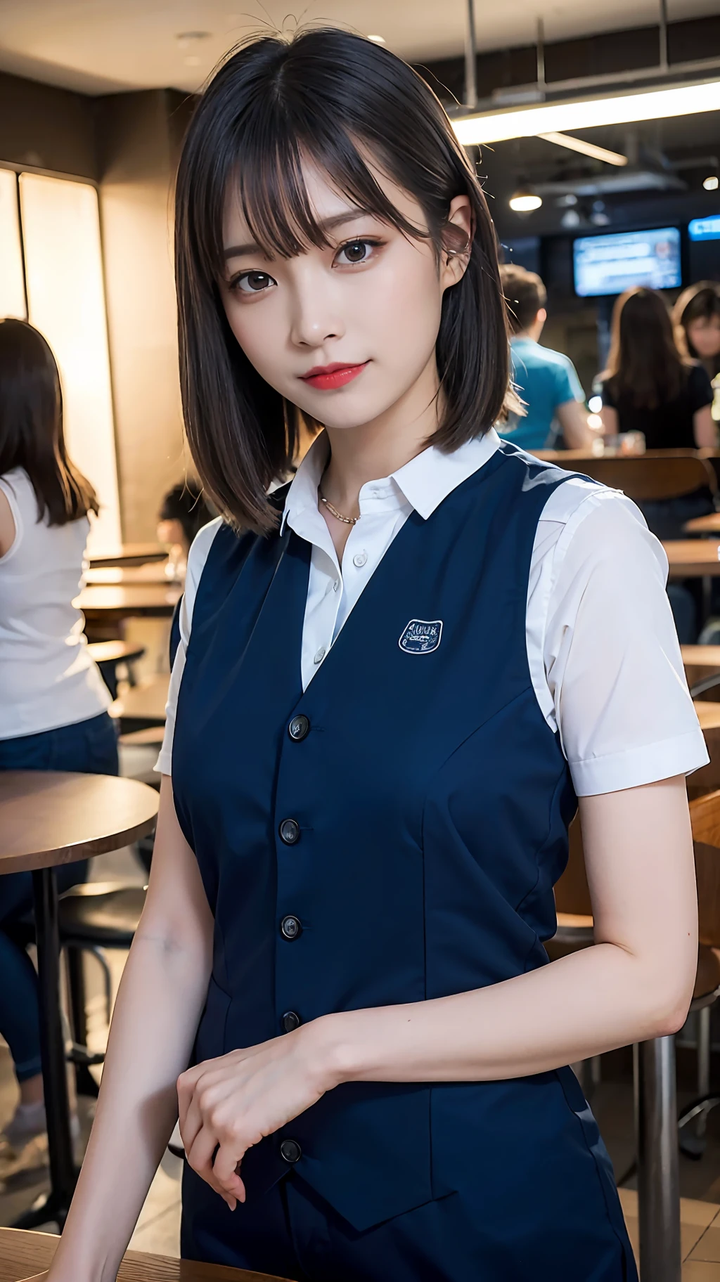(((Medium hair))), Top Quality, 8K, HDR, Hi-Res, Absurdity: 1.2, Photography, (RAW Photos: 1.2), (Photorealistic: 1.4), (Masterpiece: 1.3), (Complex Details: 1.2), 1 Girl, Solo, Japan girls, Delicate and beautiful details, (Detailed eyes), (Detailed facial features), Petite, (Small breasts))), Toned Skin, ( looking_at_viewer), from_front, (Skinny), (Best Quality: 1.4), (Ultra High Definition: 1.2), Cinemalite, (Extreme Detail Illustration), (Lip Gloss, Best Quality, Ultra High Resolution, Depth of Field, Caustics, Broad Lighting, Natural Shading, 85mm, f / 1.4, ISO 200, 1/160 sec: 0.75), 1 girl, solo, ((blue vest))) smile, uniform, necklace, fashionable café: 1.3, black neat and clean clothes, Nogizaka idol, gravure idol, beauty