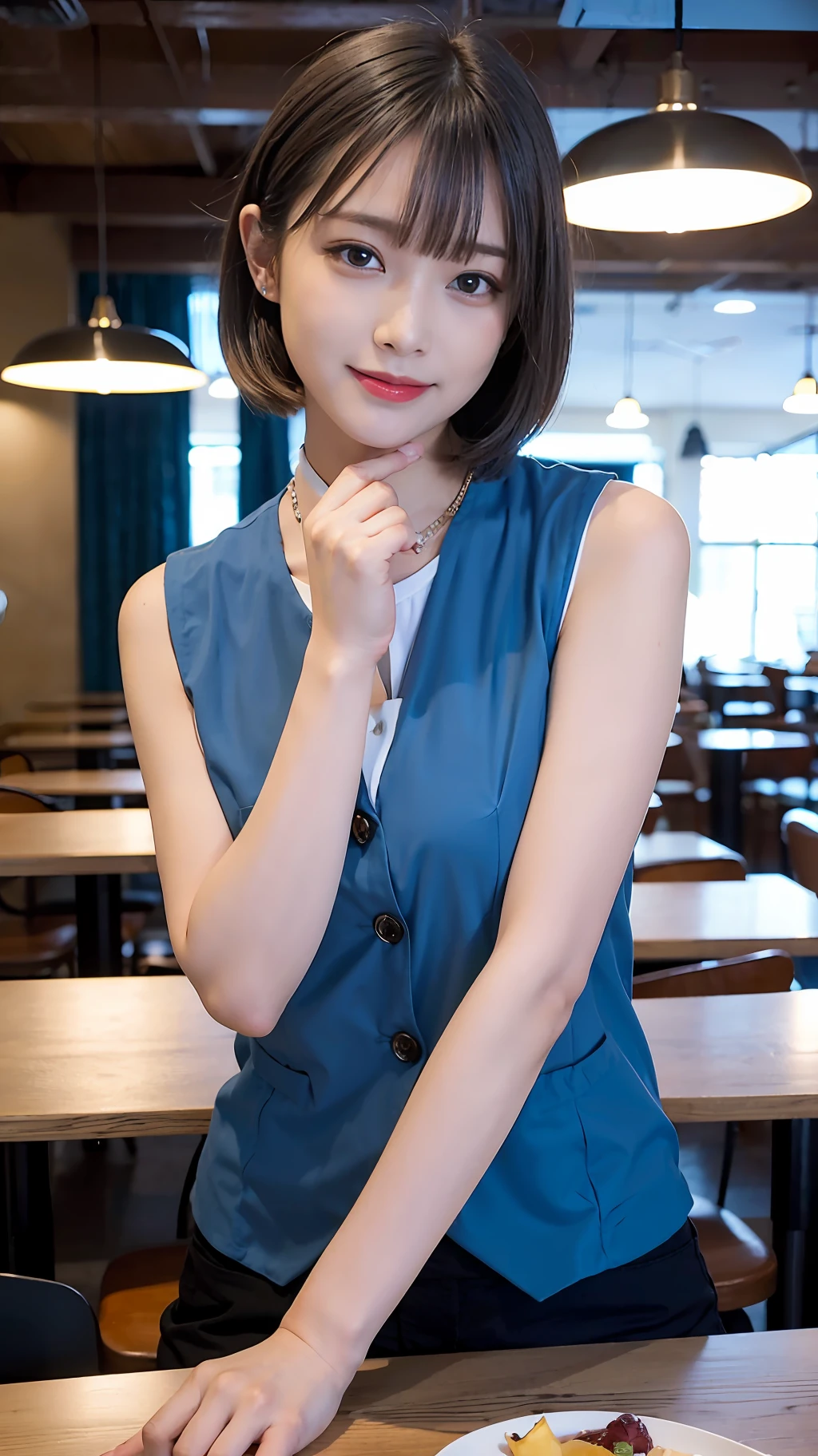 (((Medium hair))), Top Quality, 8K, HDR, Hi-Res, Absurdity: 1.2, Photography, (RAW Photos: 1.2), (Photorealistic: 1.4), (Masterpiece: 1.3), (Complex Details: 1.2), 1 Girl, Solo, Japan girls, Delicate and beautiful details, (Detailed eyes), (Detailed facial features), Petite, (Small breasts))), Toned Skin, ( looking_at_viewer), from_front, (Skinny), (Best Quality: 1.4), (Ultra High Definition: 1.2), Cinemalite, (Extreme Detail Illustration), (Lip Gloss, Best Quality, Ultra High Resolution, Depth of Field, Caustics, Broad Lighting, Natural Shading, 85mm, f / 1.4, ISO 200, 1/160 sec: 0.75), 1 girl, solo, ((blue vest))) smile, uniform, necklace, fashionable café: 1.3, black neat and clean clothes, Nogizaka idol, gravure idol, beauty