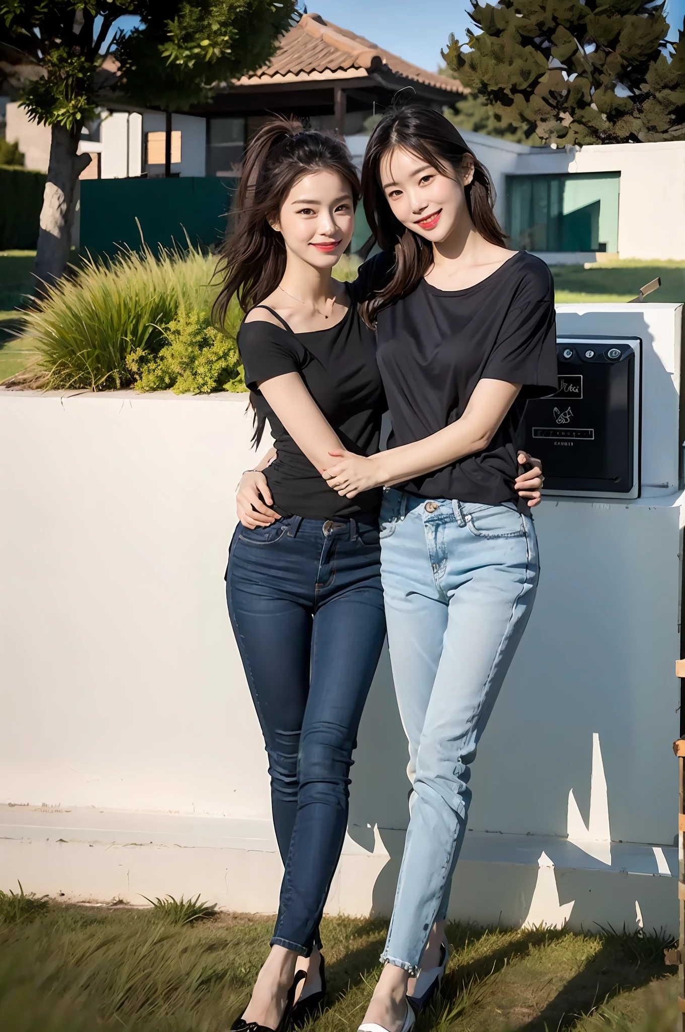 （RAW photogr，超高分辨率，tmasterpiece，best qualtiy：1.4），Complicated details，2 20 year old Korean girl，Wear a loose black T-shirt and skinny jeans，Stand on the grass and take pictures，hugs，Detailed meadow，A sweet smile on a small face，The face and skin are pink and fair，Ultra-realistic facial details，Playful and coquettish pose，The calves are straight and slender:1.5，Wear high-end branded colorful travel shoes:1.5，eventide，warm color，Broad lighting，naturalshadow，taking a full body photo:1.8