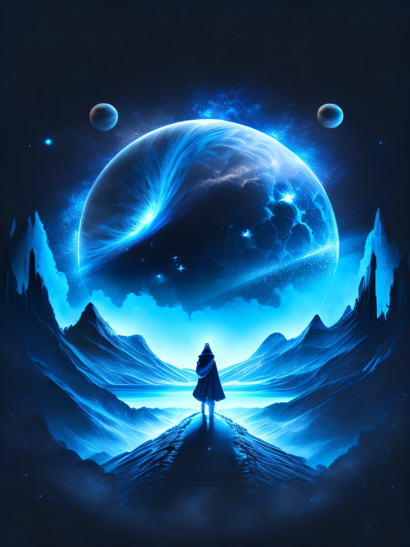 uma lua em um cenario noturno brilhante, cor preta e azul, design de camiseta, rzminjourney, arte vetorial