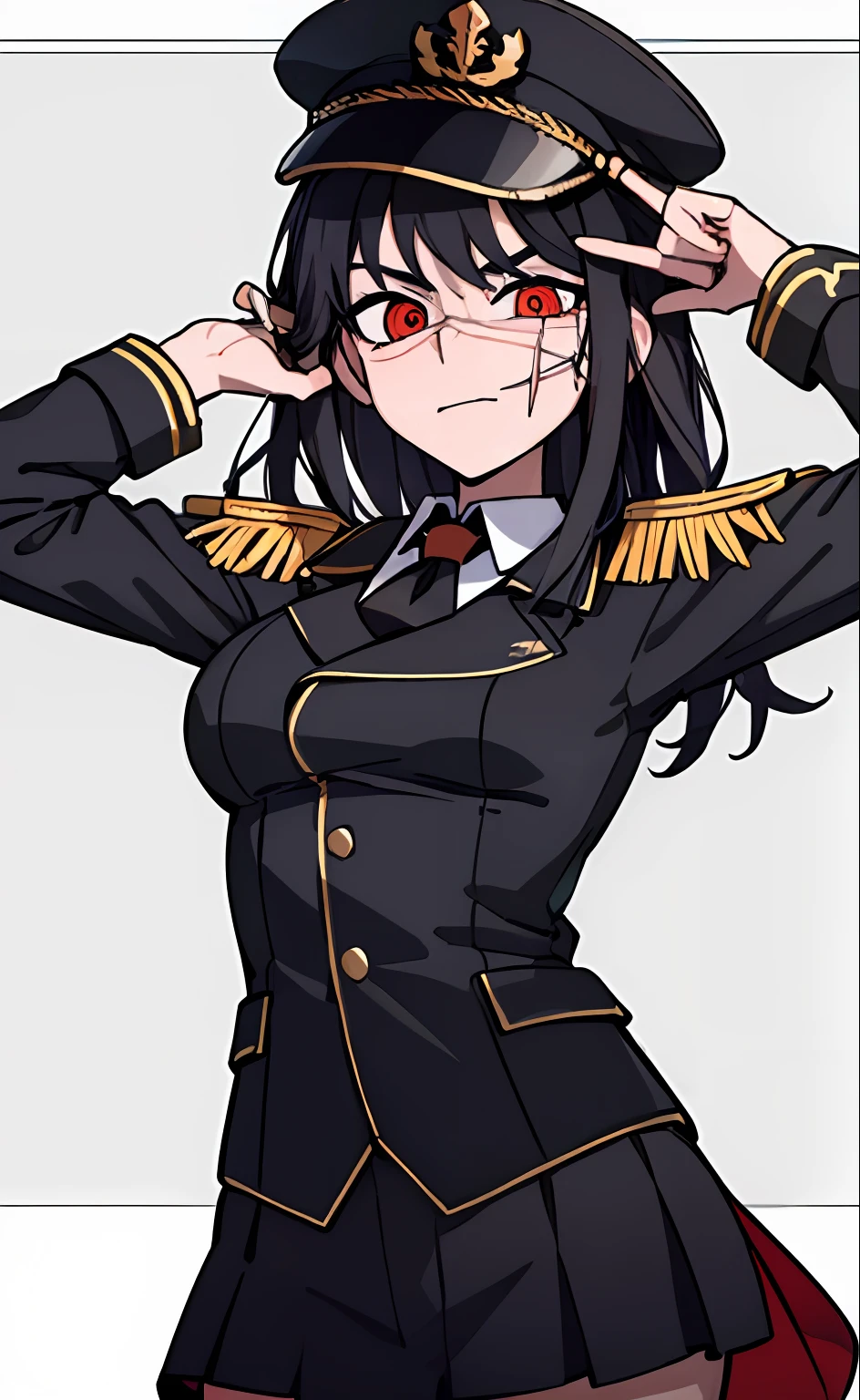 (masterpiece, best quality: 1.2), Solo, 1girl, Yoru \(Chainsaw Man\), looking at the viewer, different poses, red eye, long hair, completely black hair, reference to clothing of a German WWII general, black long sleeves (best quality), scar on face, beautiful eyes, has only 2 arms, has war medals on his clothes, Black Military Cap, Golden Eagle Medal on Clothing, (Wallpaper), (8K HD), (8K HD), Golden Shoulder Pads, Sprites, 1 Single Design (obra maestra, mejor calidad: 1.2), Solo, 1girl, Yoru \(Chainsaw Man\), mirando al espectador, sonrisa, feliz, diferentes poses, ojo rojos, cabello largo, cabello completamente negro, reference to clothing of a German general from World War II, mangas largas negras (mejor calidad), cicatriz en la cara, hermosos ojos, tiene solo 2 brazos, tiene medallas de guerra en su ropa, Gorra militar negra, Golden Eagle Medal in Dress, (fondo de pantalla), (8K HD), (8K HD), hombreras doradas, sprites, 1 single design,poses cambiantes