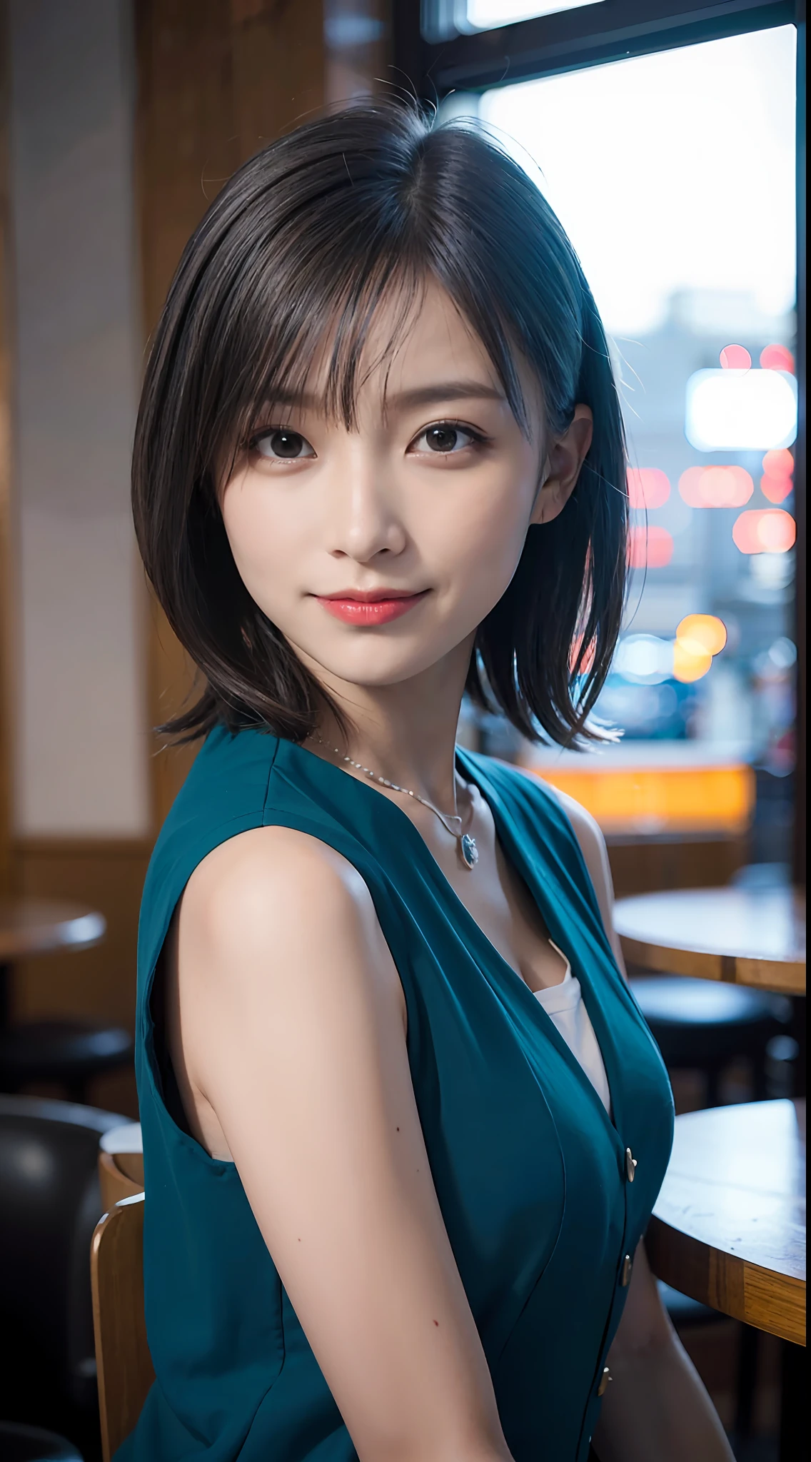 (((Medium hair))), Top Quality, 8K, HDR, Hi-Res, Absurdity: 1.2, Photography, (RAW Photos: 1.2), (Photorealistic: 1.4), (Masterpiece: 1.3), (Complex Details: 1.2), 1 Girl, Solo, Japan girls, Delicate and beautiful details, (Detailed eyes), (Detailed facial features), Petite, (Small breasts))), Toned Skin, ( looking_at_viewer), from_front, (Skinny), (Best Quality: 1.4), (Ultra High Definition: 1.2), Cinemalite, (Extreme Detail Illustration), (Lip Gloss, Best Quality, Ultra High Resolution, Depth of Field, Caustics, Broad Lighting, Natural Shading, 85mm, f / 1.4, ISO 200, 1/160 sec: 0.75), 1 girl, solo, ((blue vest))) smile, uniform, necklace, fashionable café: 1.3, black neat and clean clothes, Nogizaka idol, gravure idol, beauty