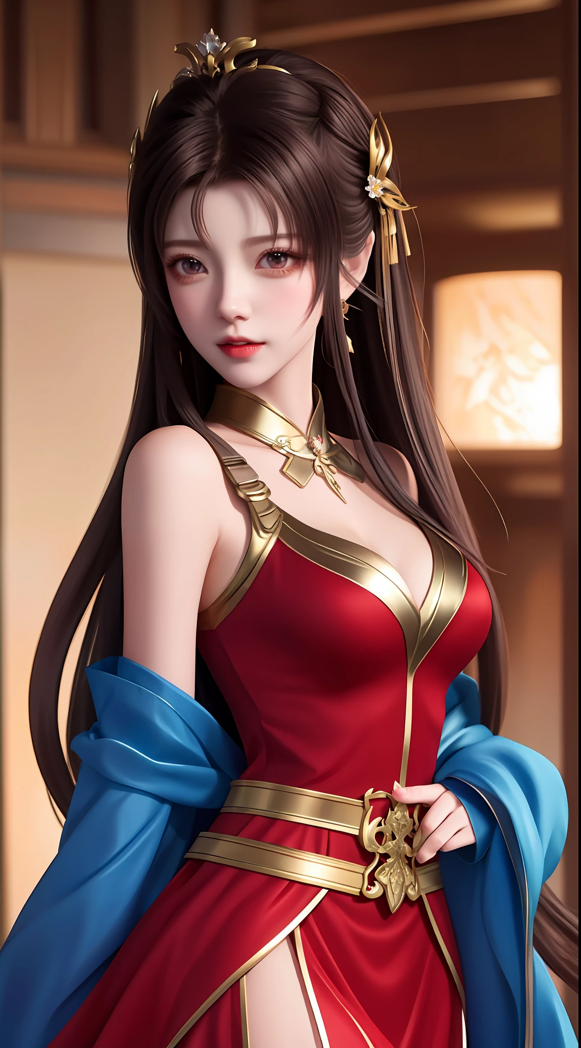 a close up of a woman with long hair wearing a red dress，beautiful and seductive anime woman，A beautiful fantasy queen，inspired by Du Qiong，Seductive portrait of Tifa Lockhart，（（beautiful fantasy empress）），seductive anime girls，beautiful anime woman，Charming Tifa Lockheart，beautiful avatar picture，ff Tifa，Red Armor Lady，mai shiranui，open waist，Sexy big breasts，Wear less