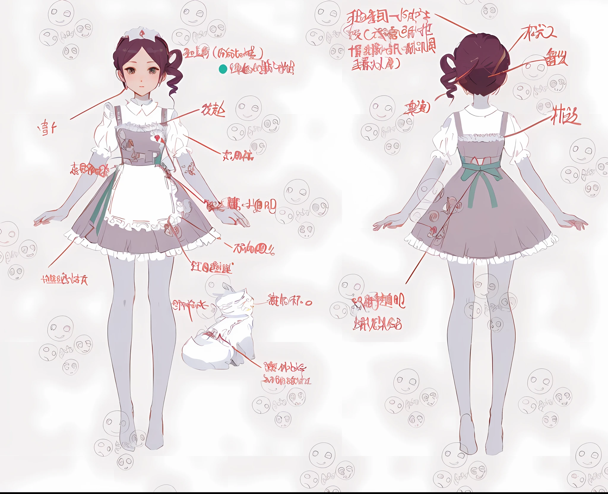 Anime character design of a woman in a dress and a cat, anime character reference sheet, Maid outfit, clear outfit design, clothing design, anime girl in a maid costume, !dream concept art, detailed full body concept art, detailed full-body concept, loli in dress, style of magical girl, cosplay of a catboy! maid! dress