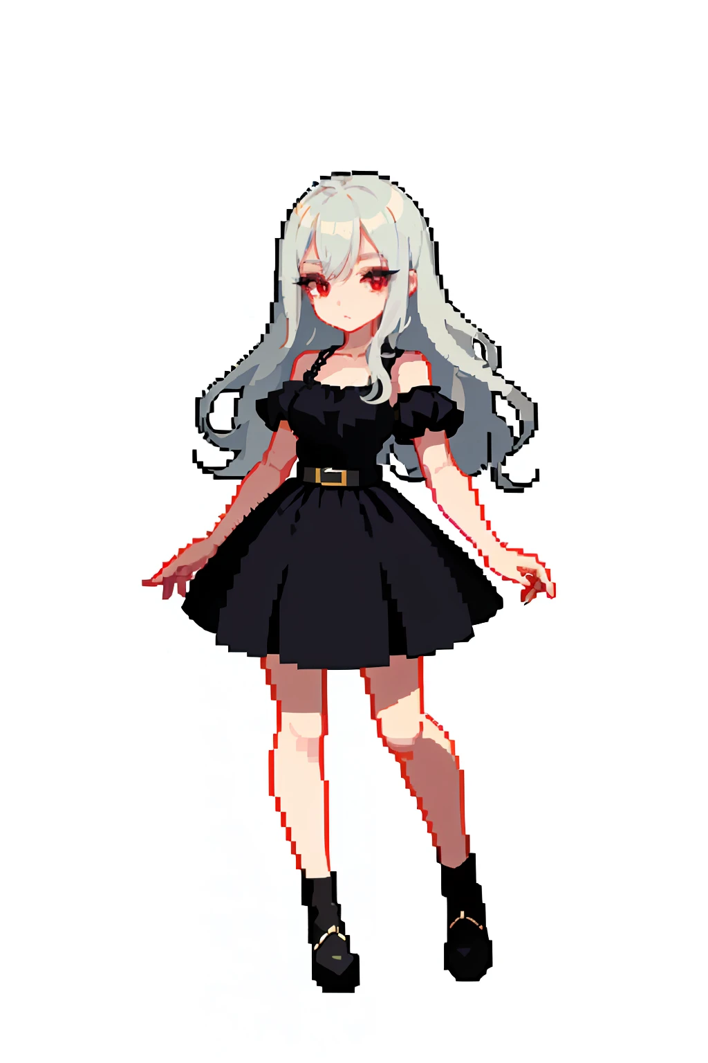 (obra-prima, qualidade superior, melhor qualidade), pixel, pixel art, 1girl, Full body, wavy platinum hair, red eyes, black dress.
