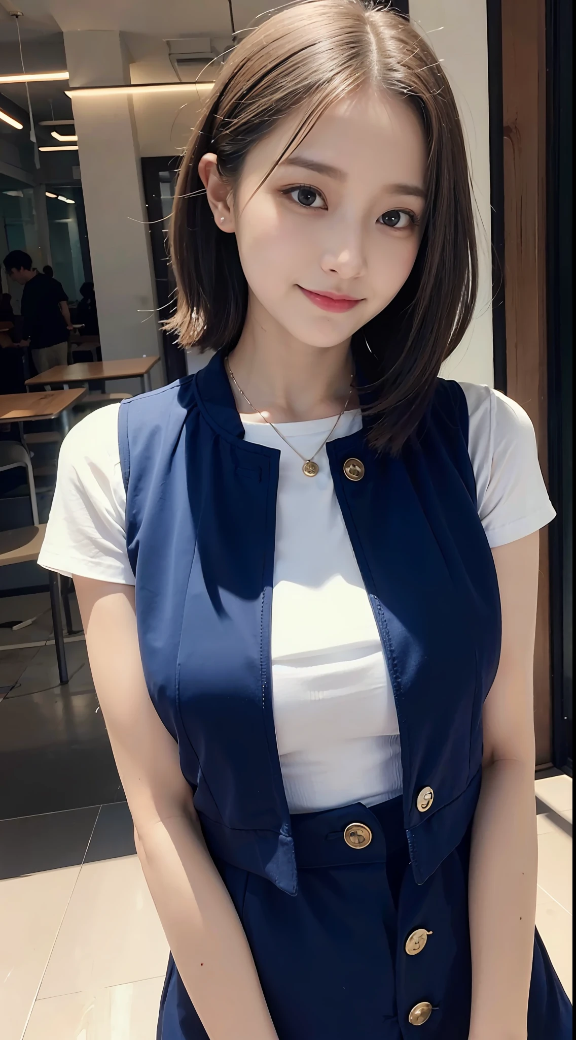 (((Medium hair))), Top Quality, 8K, HDR, Hi-Res, Absurdity: 1.2, Photography, (RAW Photos: 1.2), (Photorealistic: 1.4), (Masterpiece: 1.3), (Complex Details: 1.2), 1 Girl, Solo, Japan girls, Delicate and beautiful details, (Detailed eyes), (Detailed facial features), Petite, (Small breasts))), Toned Skin, ( looking_at_viewer), from_front, (Skinny), (Best Quality: 1.4), (Ultra High Definition: 1.2), Cinemalite, (Extreme Detail Illustration), (Lip Gloss, Best Quality, Ultra High Resolution, Depth of Field, Caustics, Broad Lighting, Natural Shading, 85mm, f / 1.4, ISO 200, 1/160 sec: 0.75), 1 girl, solo, ((blue vest))) smile, uniform, necklace, fashionable café: 1.3, black neat and clean clothes, Nogizaka idol, gravure idol, beauty