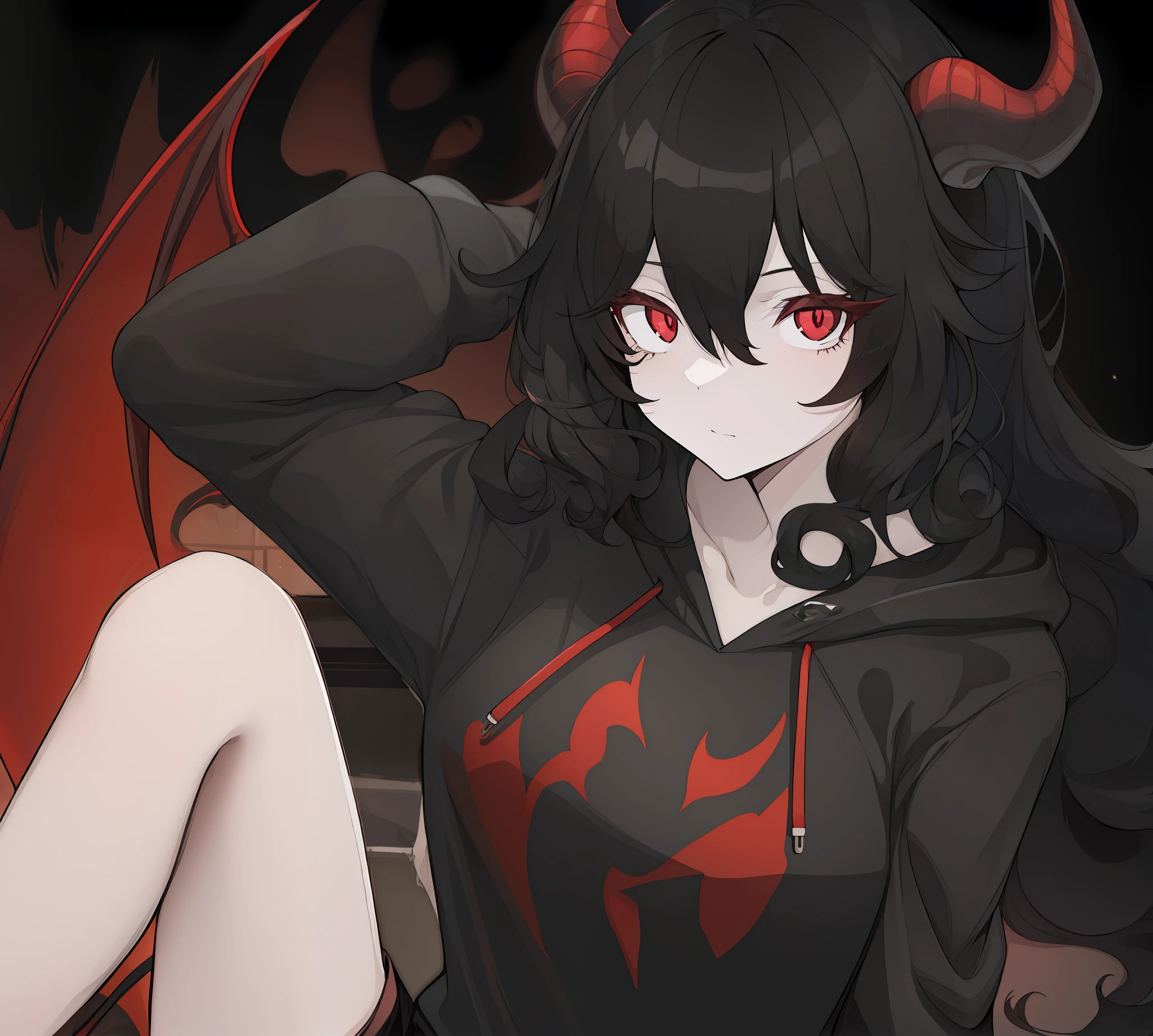 Teenage female with white skin, black hoodie, small shorts, red eyes, red horns, red demon wings
