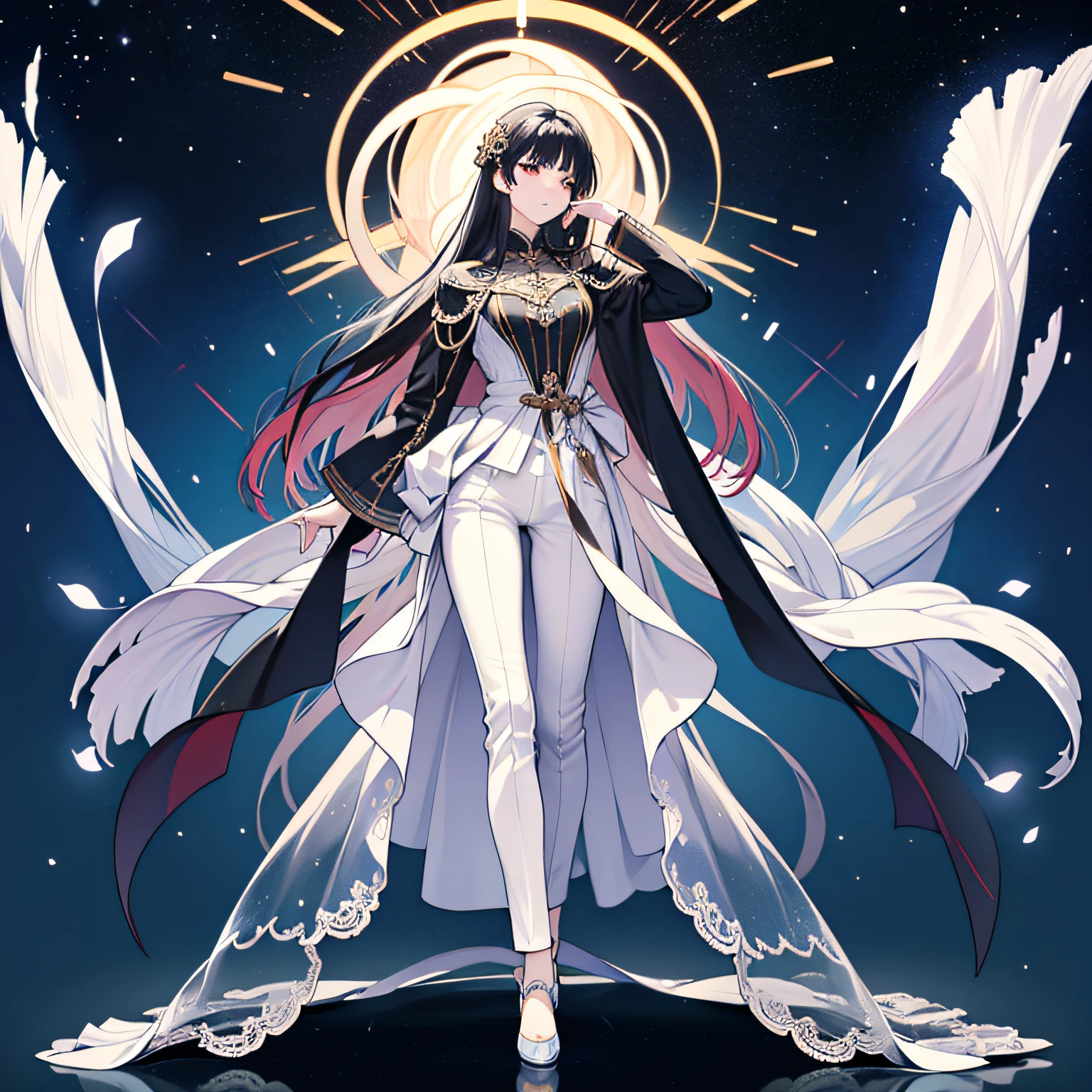 Masterpiece, a beautiful void goddess, full body white transparent clothes standing under empty night stars, disappearing transparent pants, full body standing, tall figure, slender legs, facial details, detailed body part details, 8k wallpaper --auto