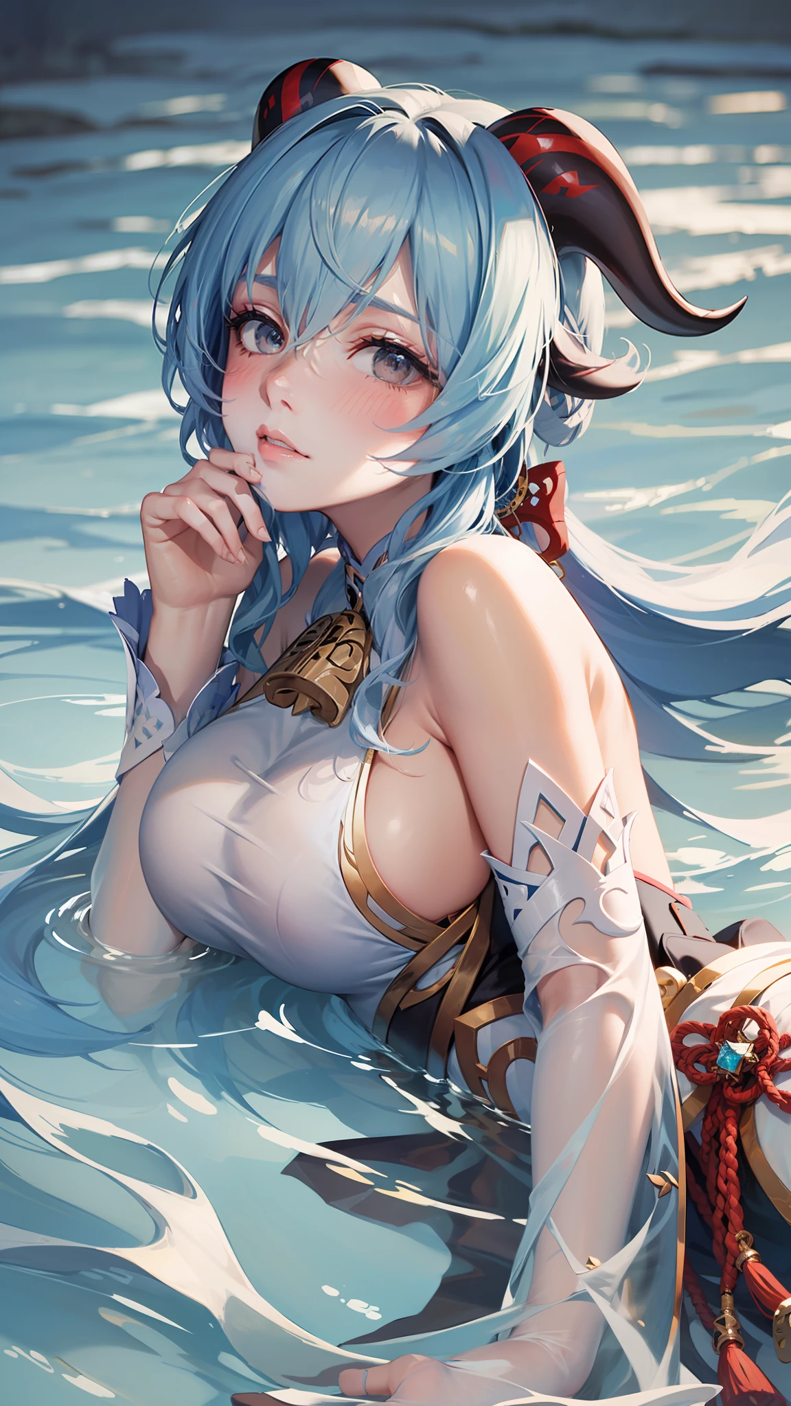 Ganyu, genshin impact, photorealistic:1.49, film grain:1.49, (masterpiece), (intricate details), 1girl, solo, mature female, large breasts, ganyu, ((light blue hair)), ((blush)), goat horns, white sleeves, ((white top)), half body portrait, half body, lying, lying on water, drawn, face at water, hair on water, messy hair, (best quality), looking at viewer, view from above, head on water, from side, lying from side, safe for work (sfw),